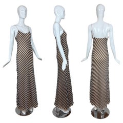 BILL BLASS Vintage Silk Striped Maxi Dress Gown Navy + Nude