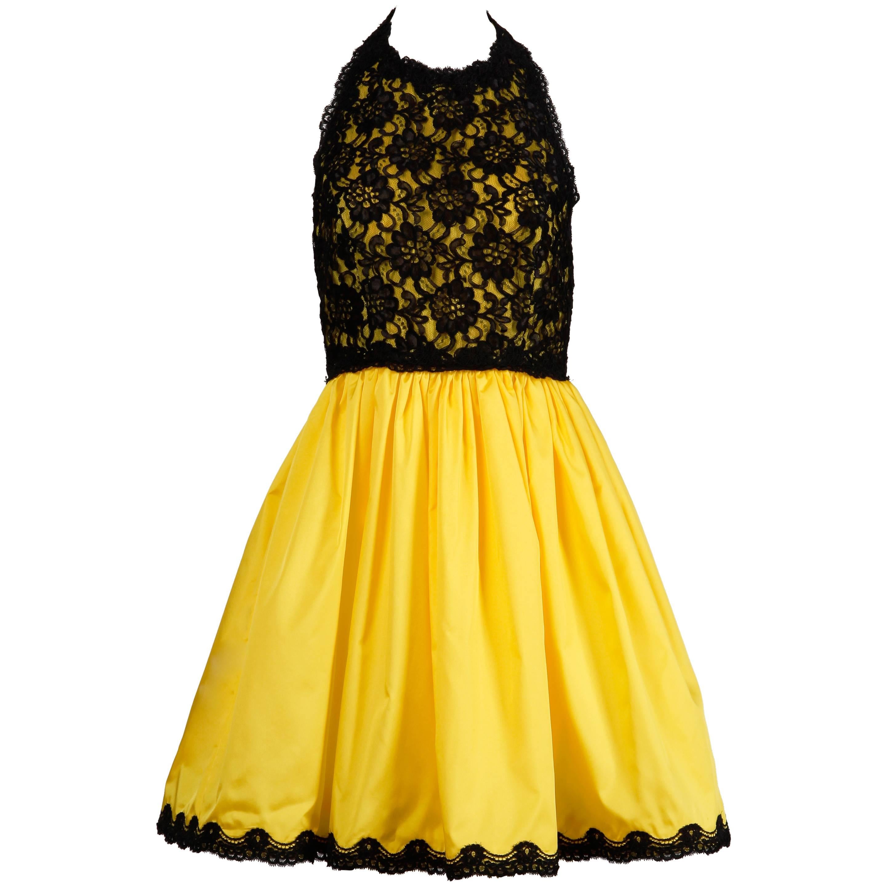 Bill Blass Vintage-Halterkleid aus gelber und schwarzer Spitze