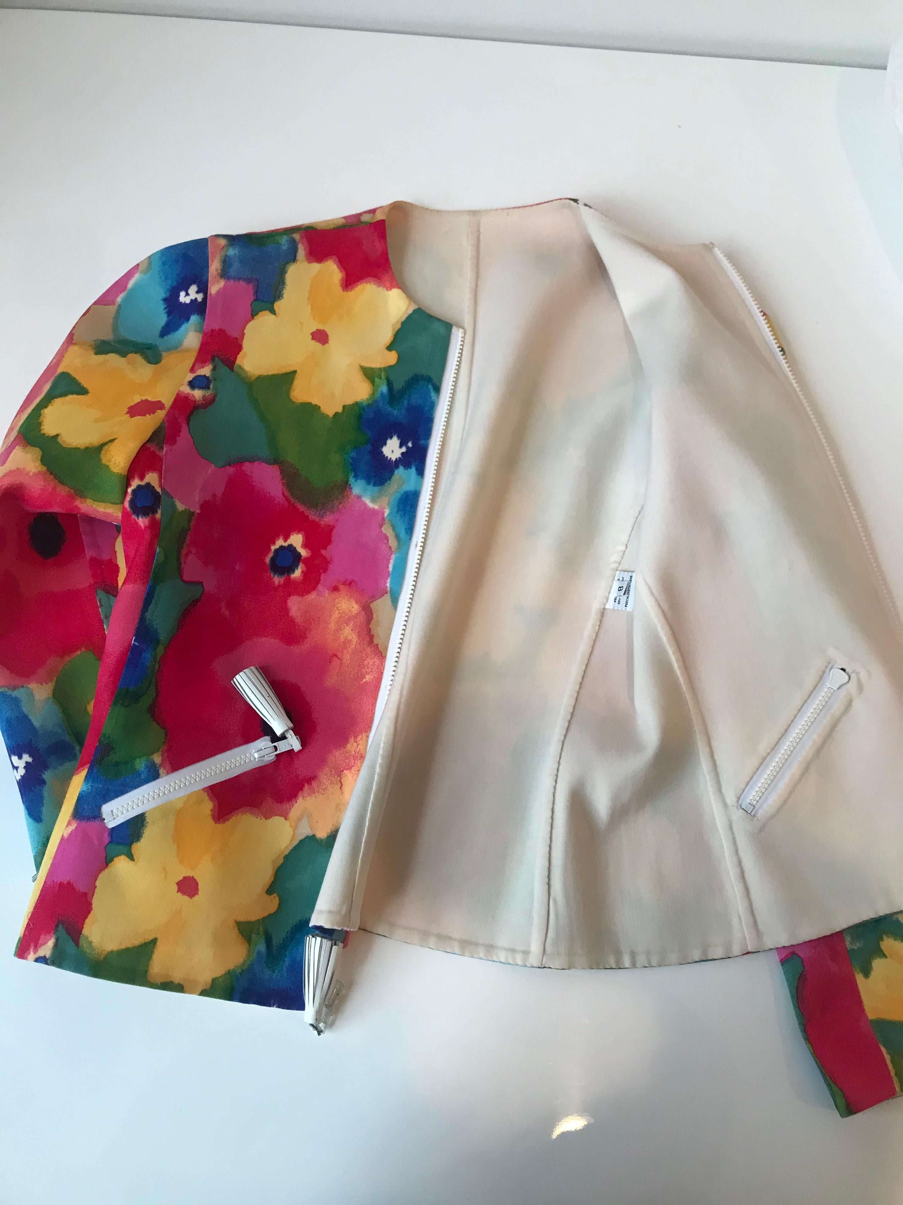 Bill Blass Watercolor Floral Jacket With Leather Tassel Detailing For Sale 7