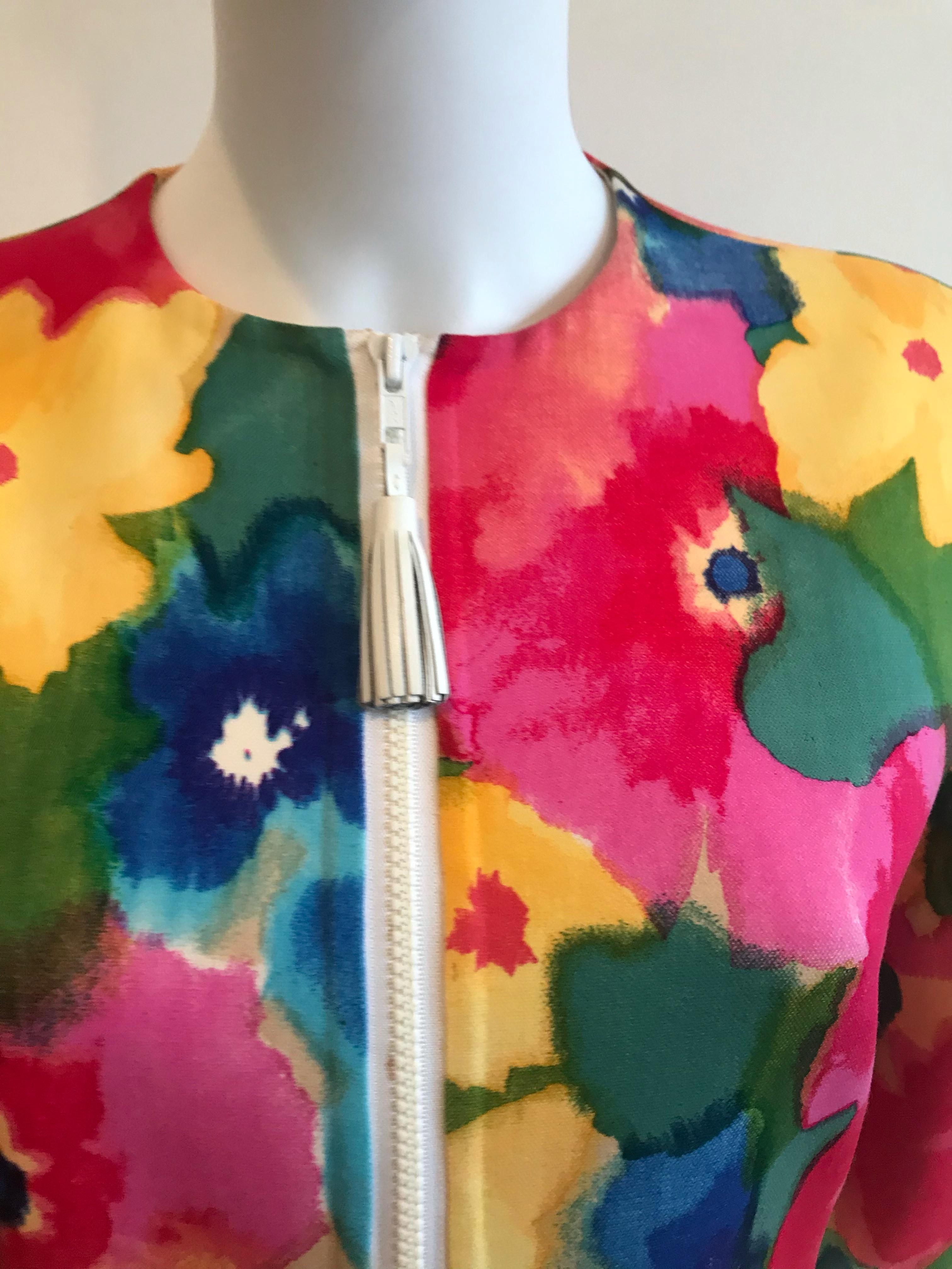 Bill Blass Watercolor Floral Jacket With Leather Tassel Detailing In Good Condition For Sale In Brooklyn, NY