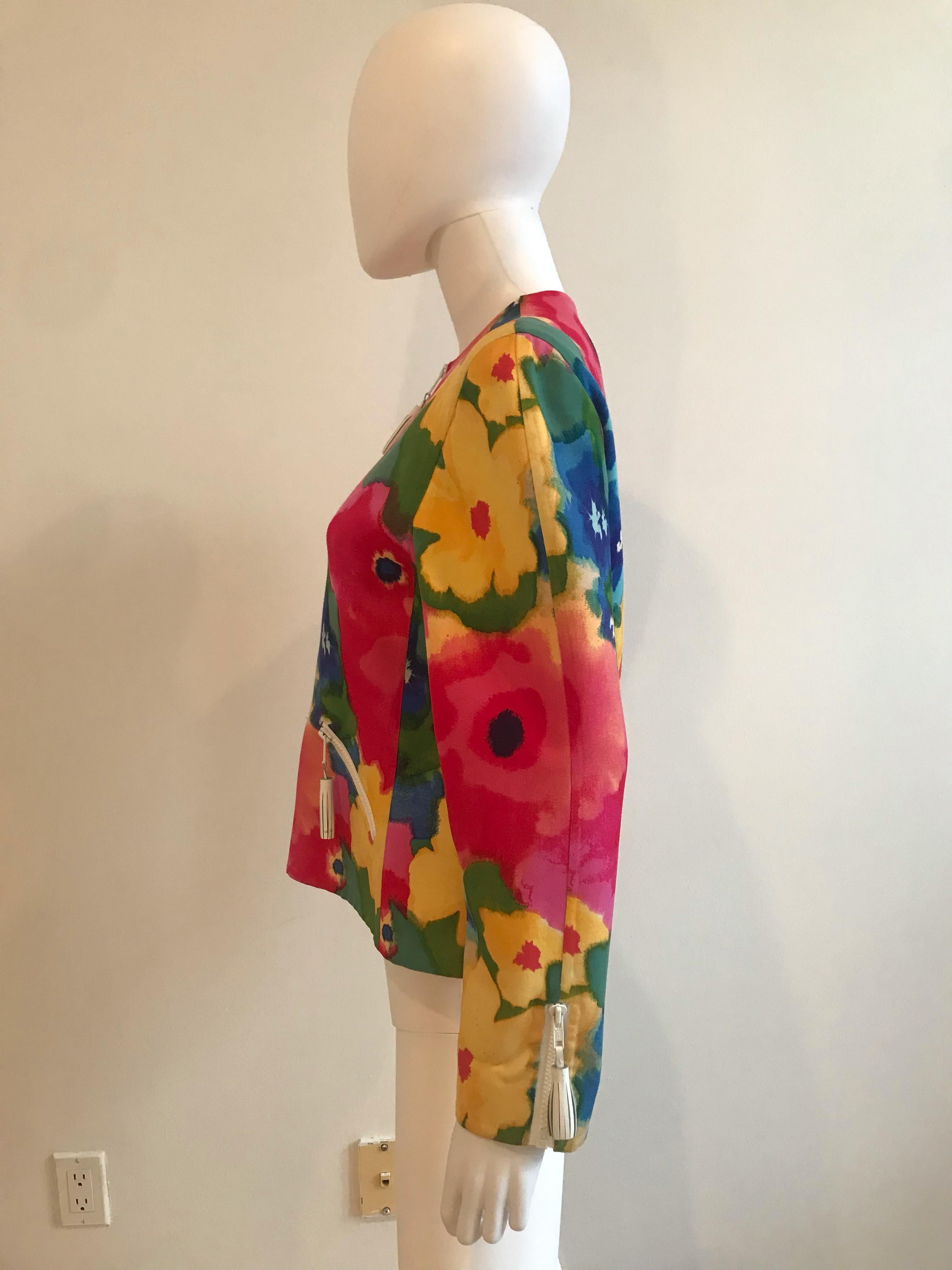 Bill Blass Watercolor Floral Jacket With Leather Tassel Detailing For Sale 1