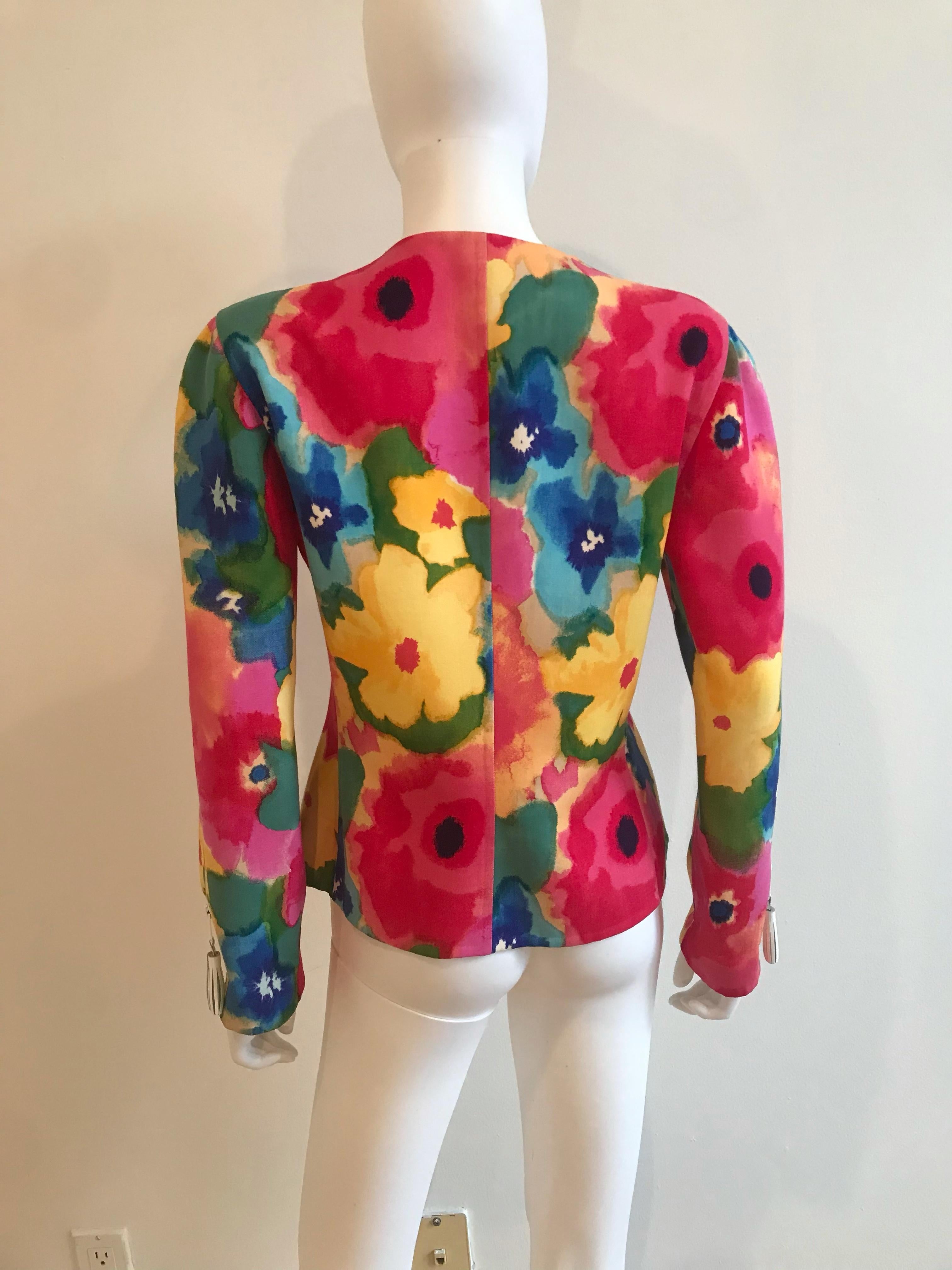 Bill Blass Watercolor Floral Jacket With Leather Tassel Detailing For Sale 2