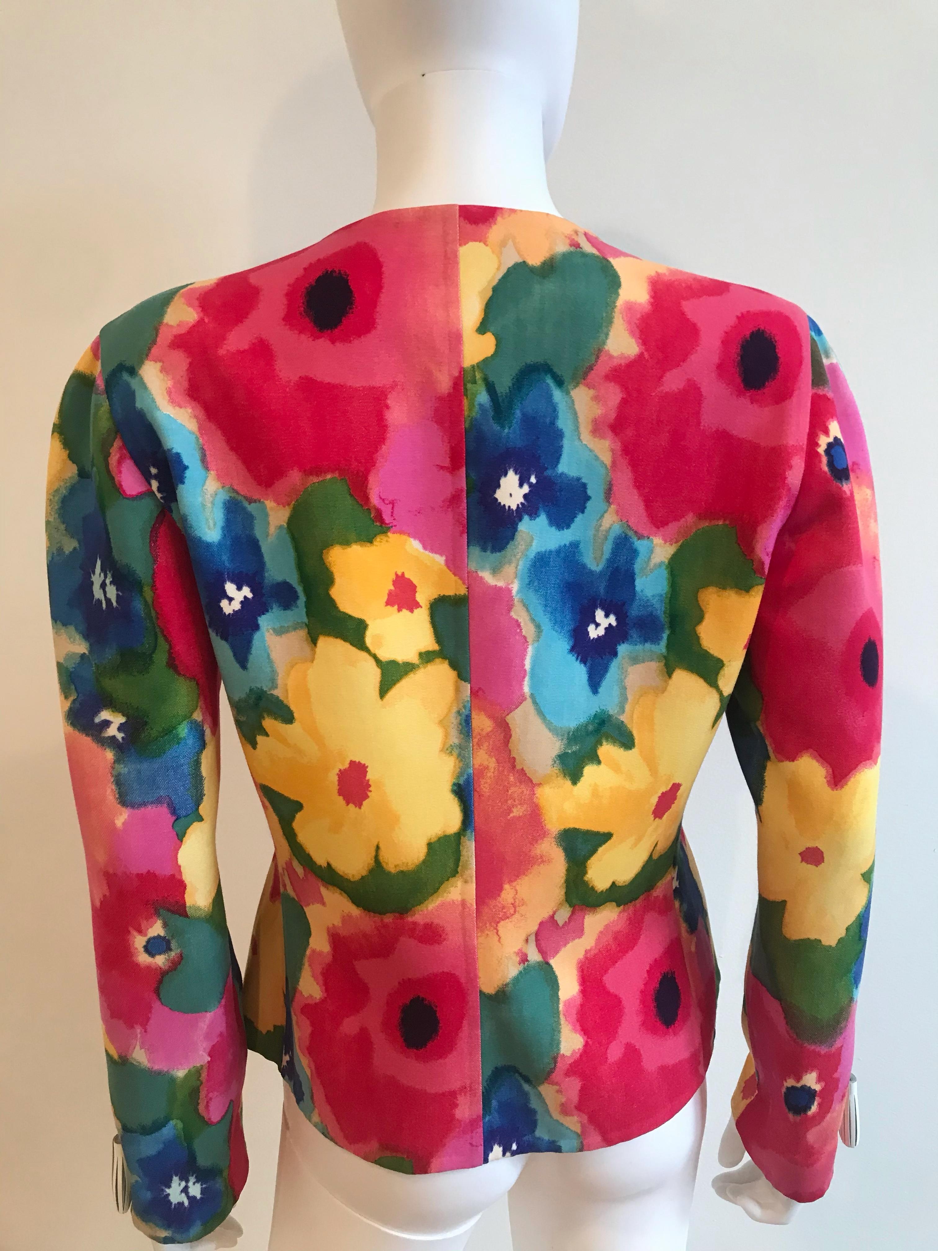 Bill Blass Watercolor Floral Jacket With Leather Tassel Detailing For Sale 3