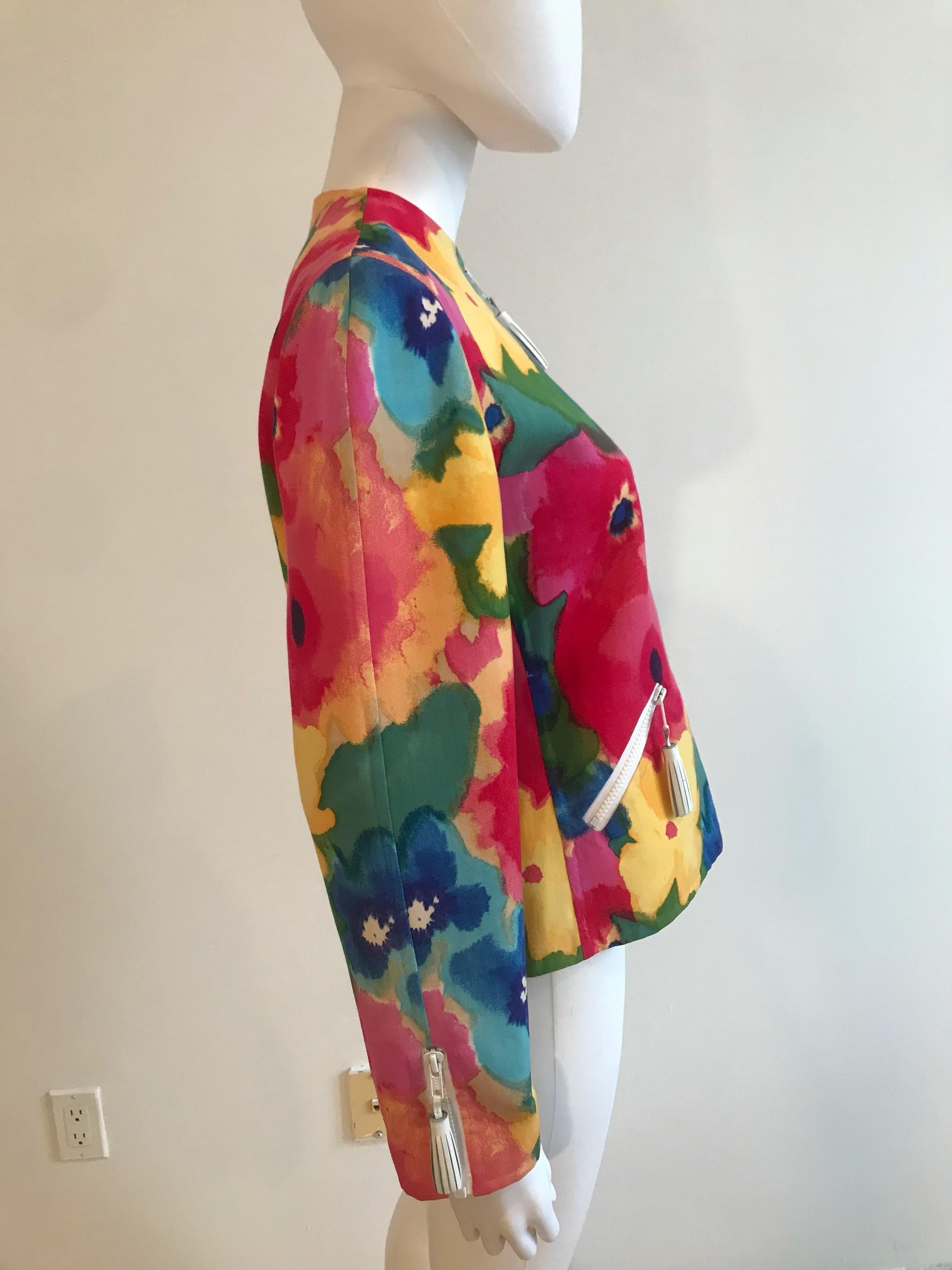 Bill Blass Watercolor Floral Jacket With Leather Tassel Detailing For Sale 4