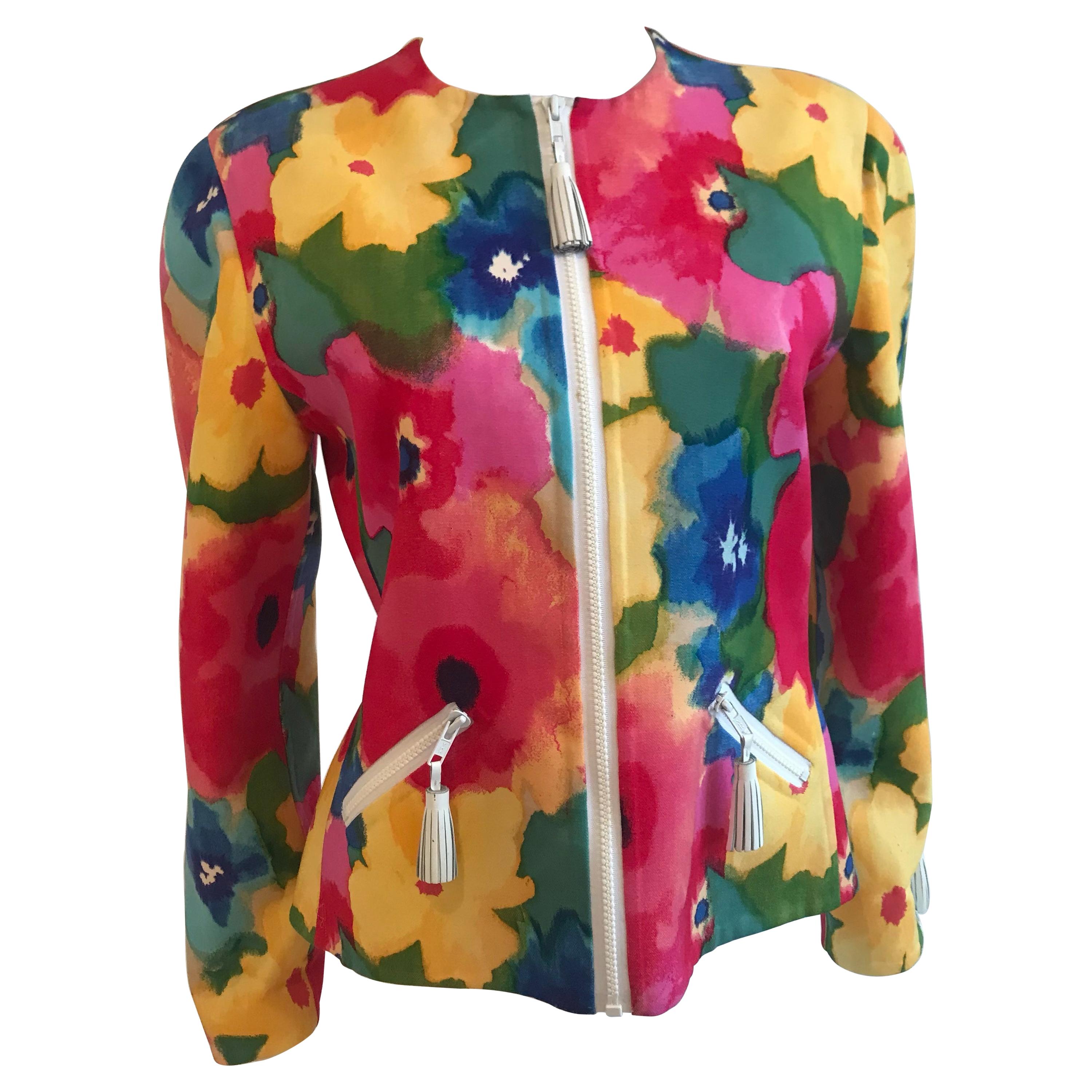 Bill Blass Watercolor Floral Jacket With Leather Tassel Detailing For Sale
