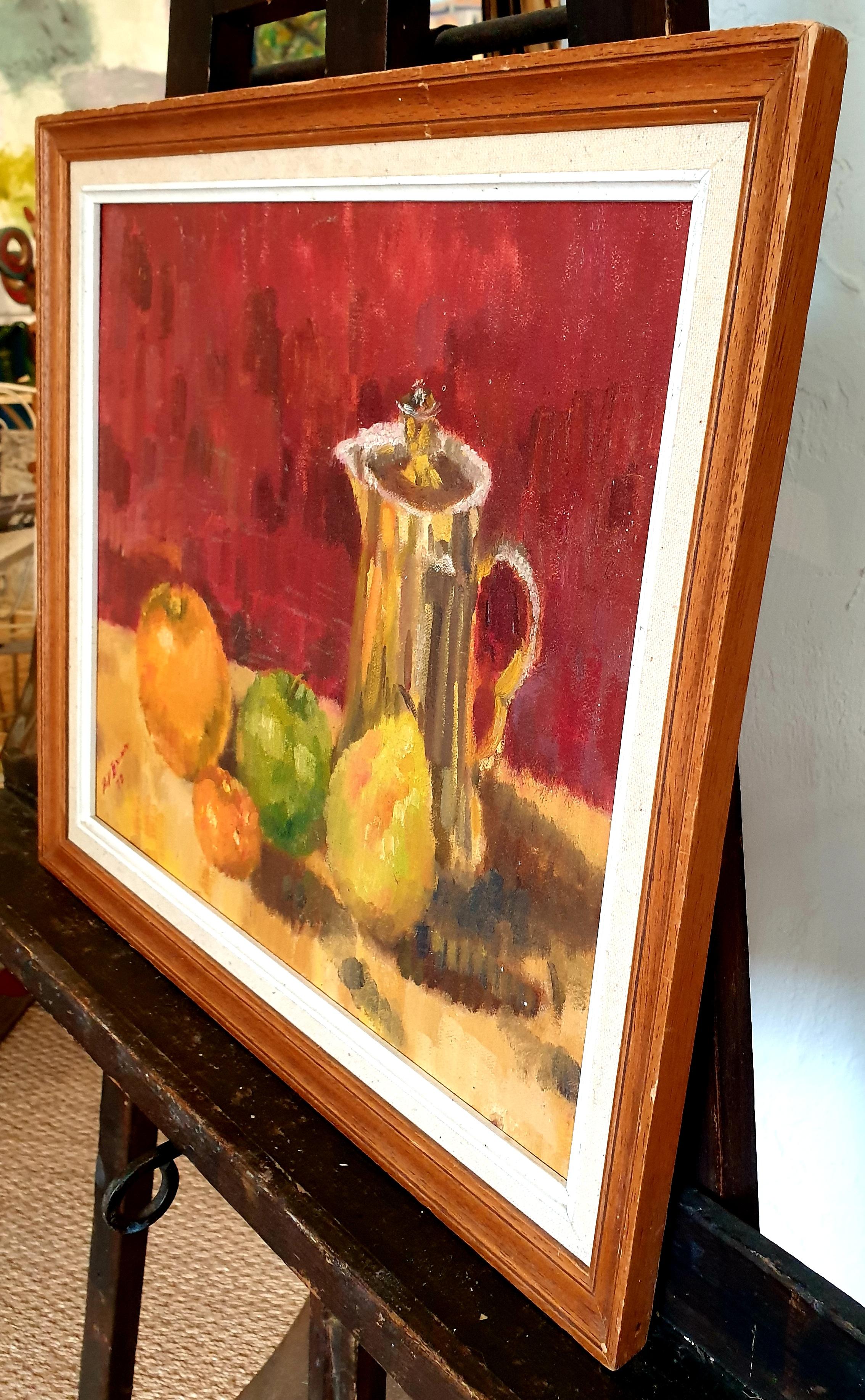 Colorido bodegón francés, fruta y cafetera. Óleo sobre tabla. en venta 6