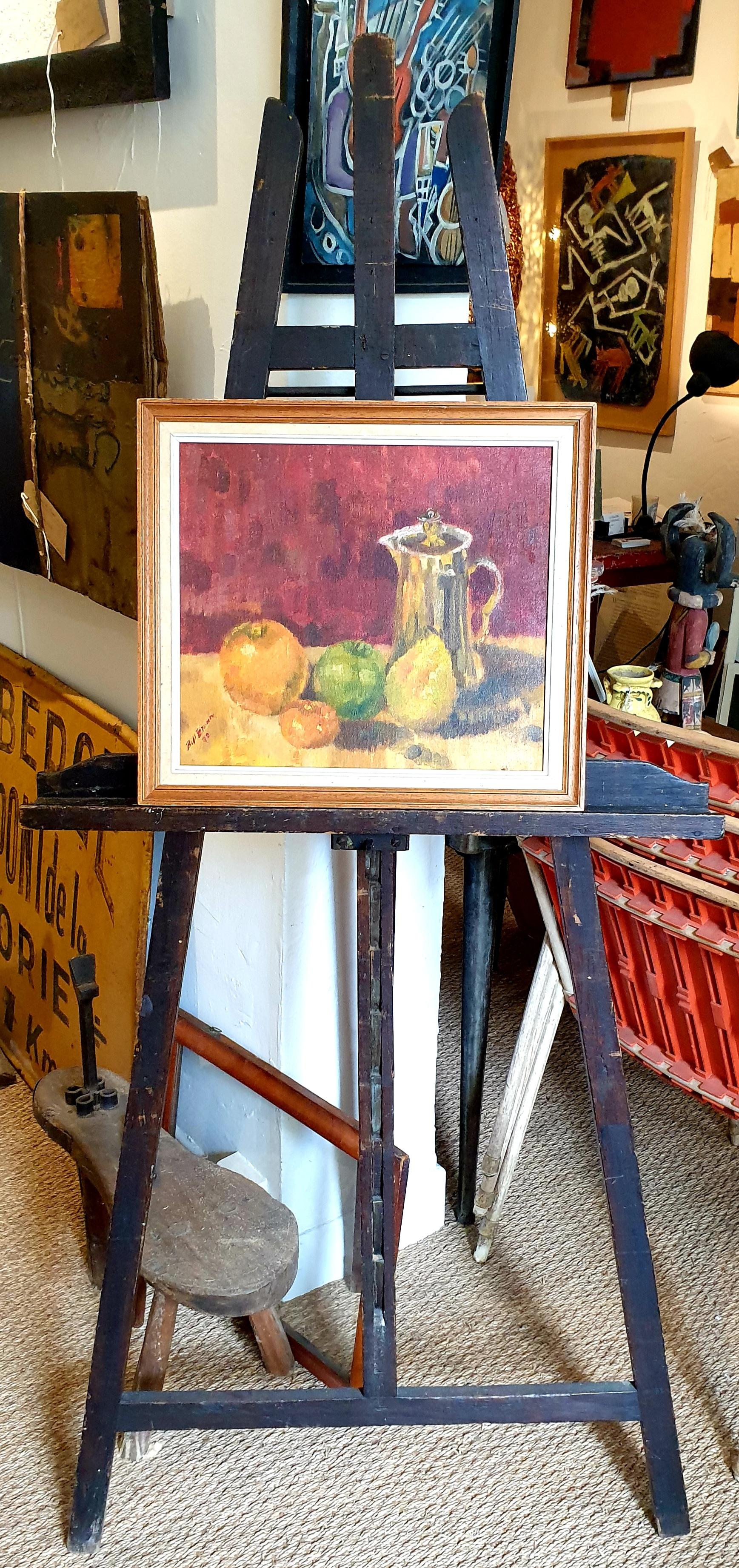 Colorido bodegón francés, fruta y cafetera. Óleo sobre tabla. en venta 9