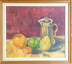 Colourful French Still Life, Fruit and Coffee Pot. Oil on Board.