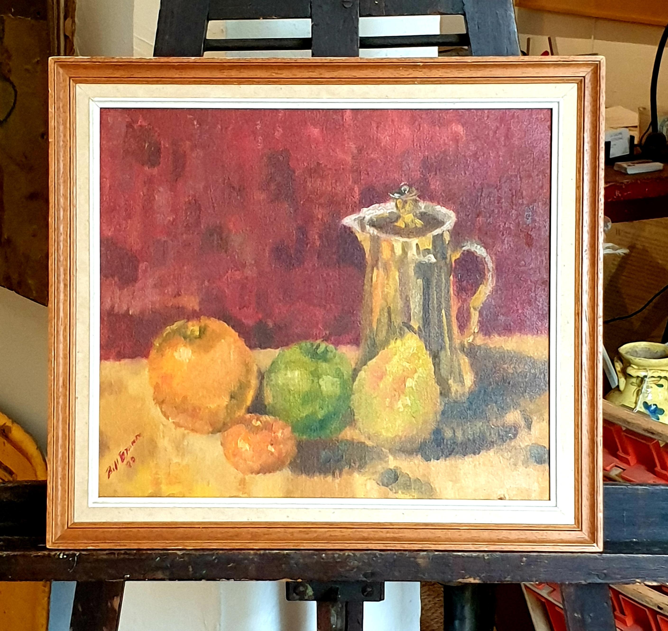 Late 20th century oil on board of a colourful still-life, fruit and a coffee pot by Bill Brown. Signed and dated 1979 to the bottom left and signed, titled and dated to the reverse. Presented in a wooden frame.

A wonderfully colourful tablescape