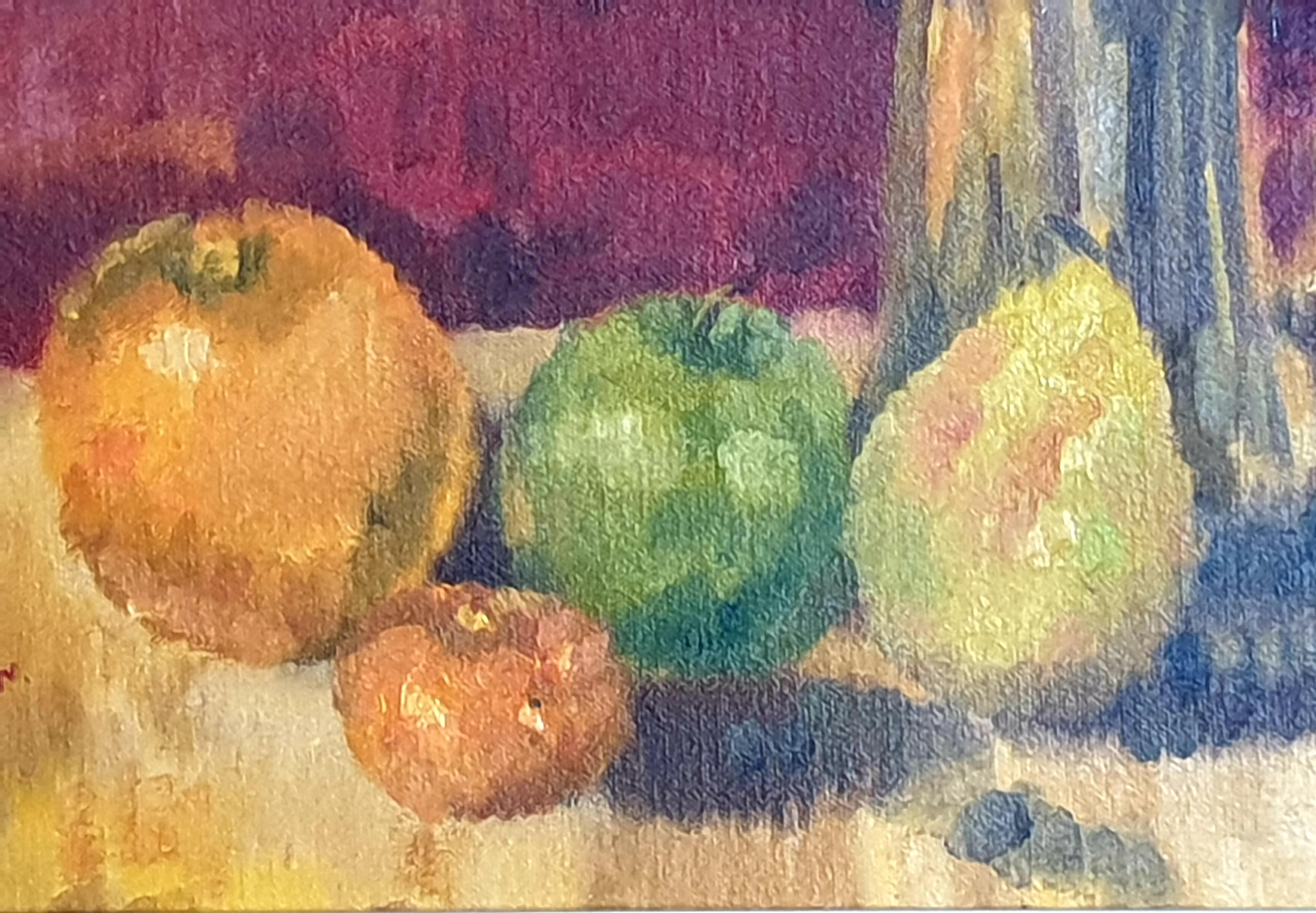 Colorido bodegón francés, fruta y cafetera. Óleo sobre tabla. en venta 1