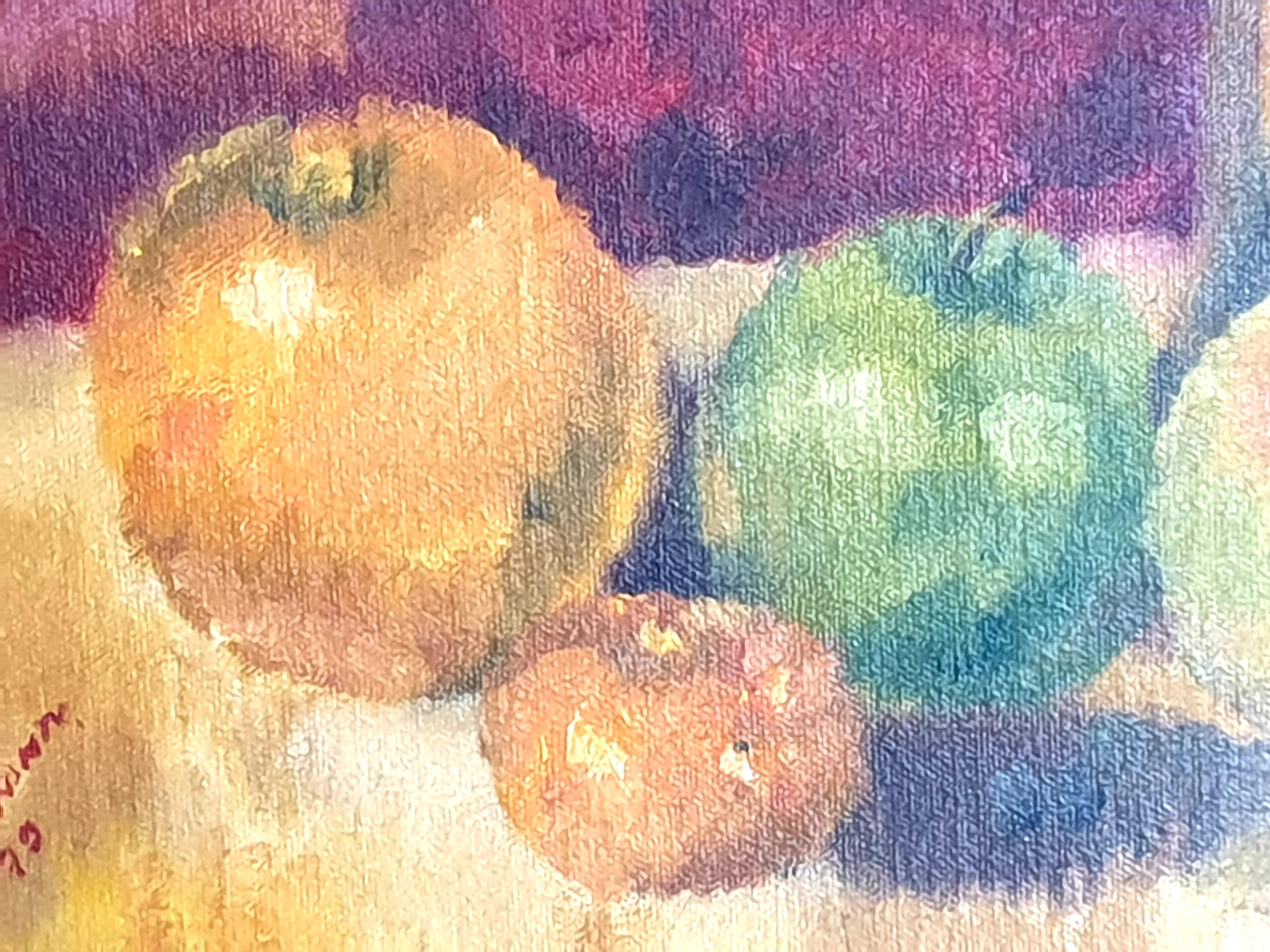 Colorido bodegón francés, fruta y cafetera. Óleo sobre tabla. en venta 2