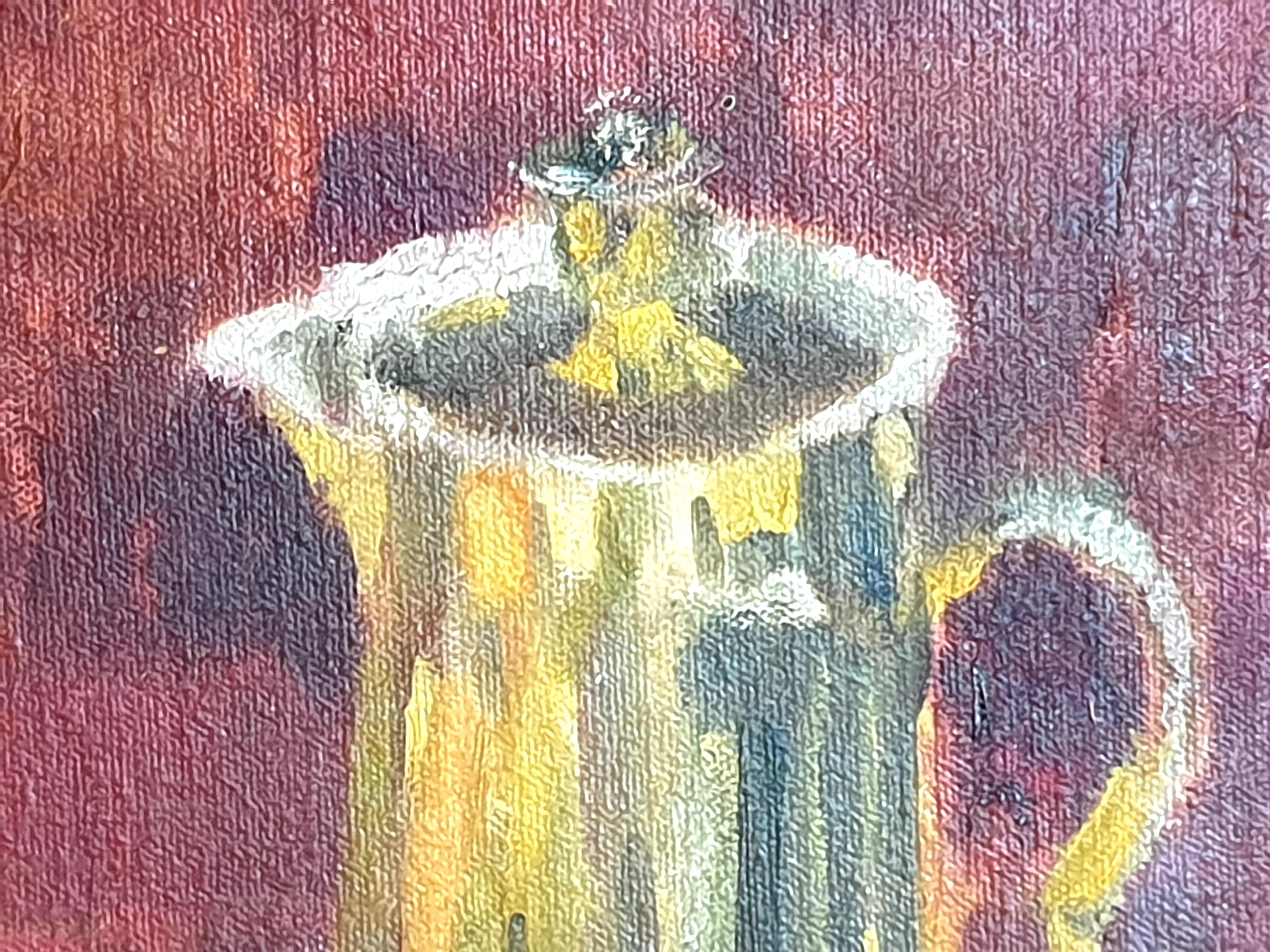 Colorido bodegón francés, fruta y cafetera. Óleo sobre tabla. en venta 4
