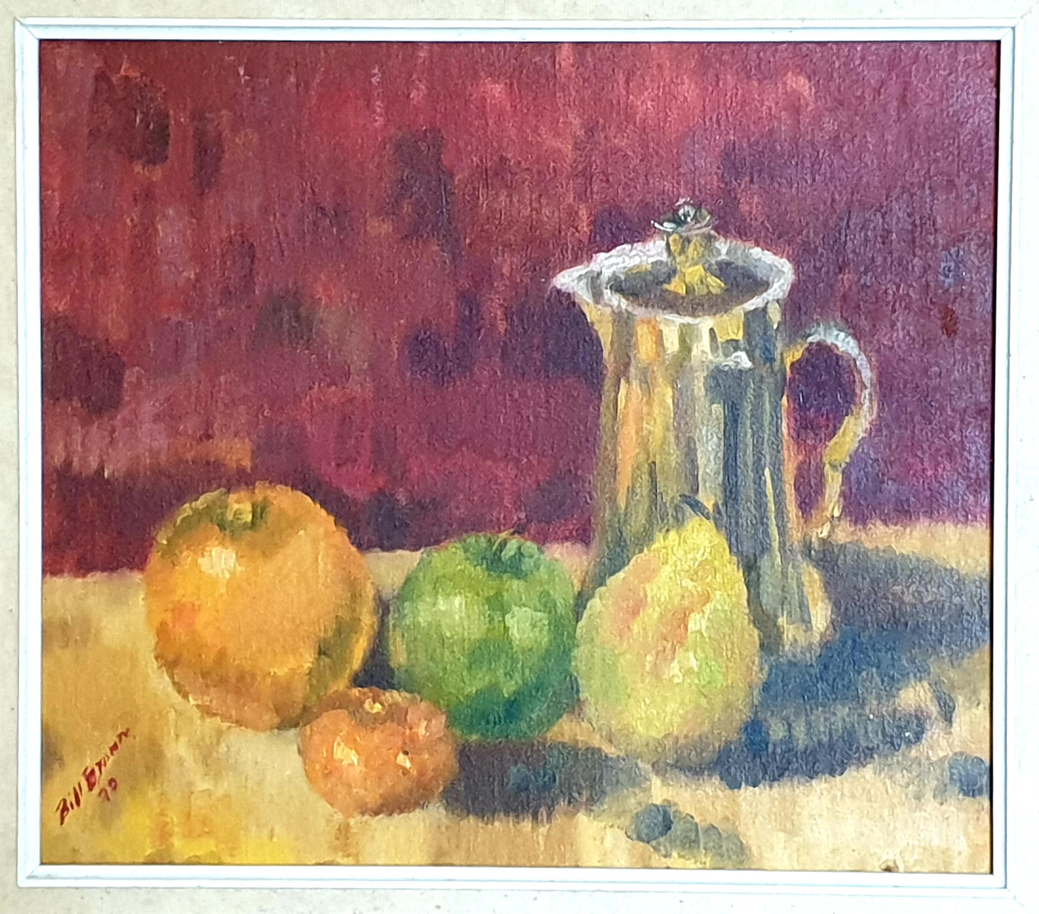 Natura morta francese colorata, frutta e caffettiera. Olio su tavola.