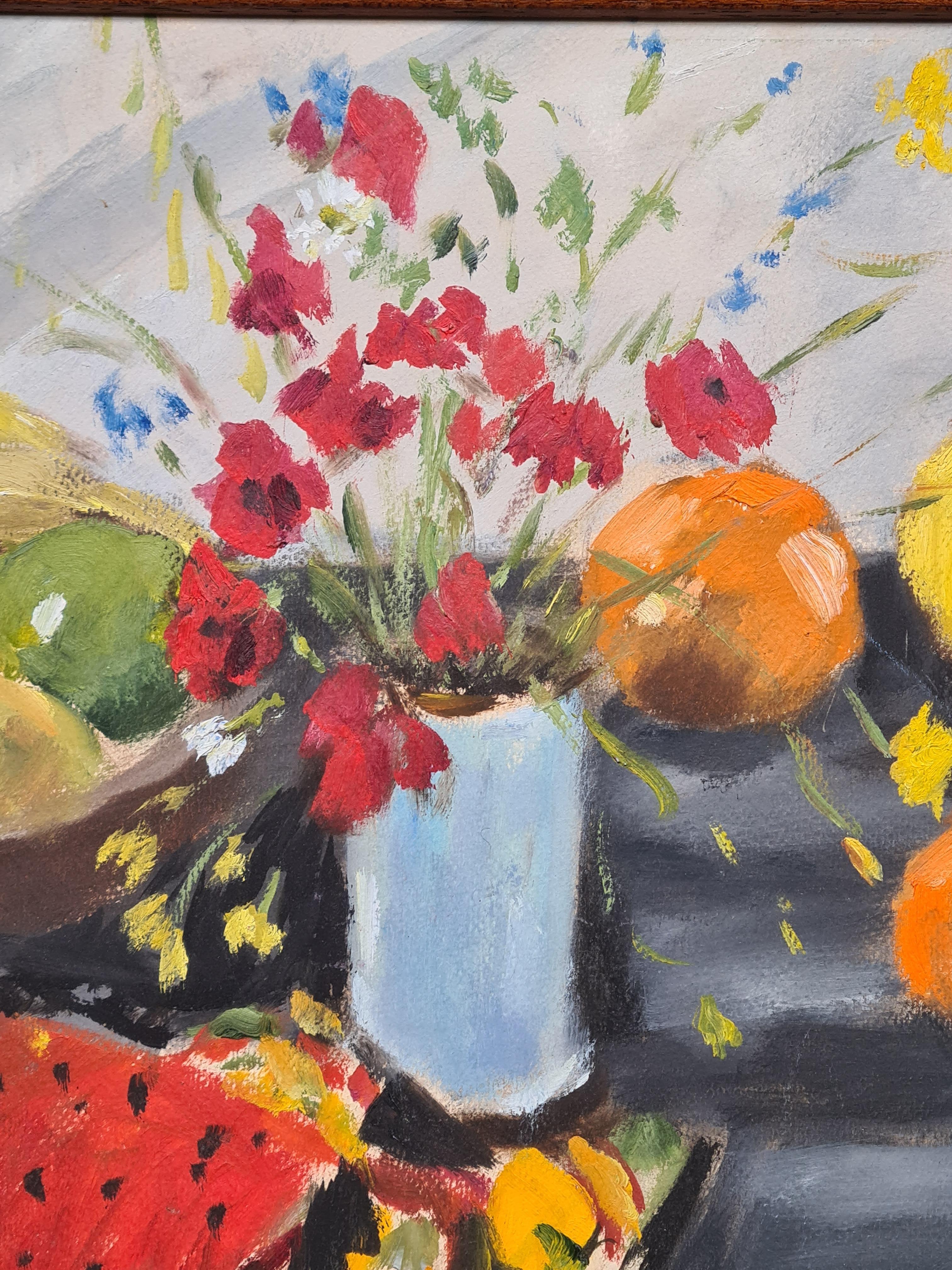 Naturaleza Muerta Colorida con Frutas y Flores, 'Nature Mort, Fruits et Fleurs' - Interior Painting Marrón de Bill Brown
