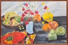 Colourful Stillleben mit Obst und Blumen, „Nature Mort, Fruits et Fleurs“, farbenfrohes Stillleben