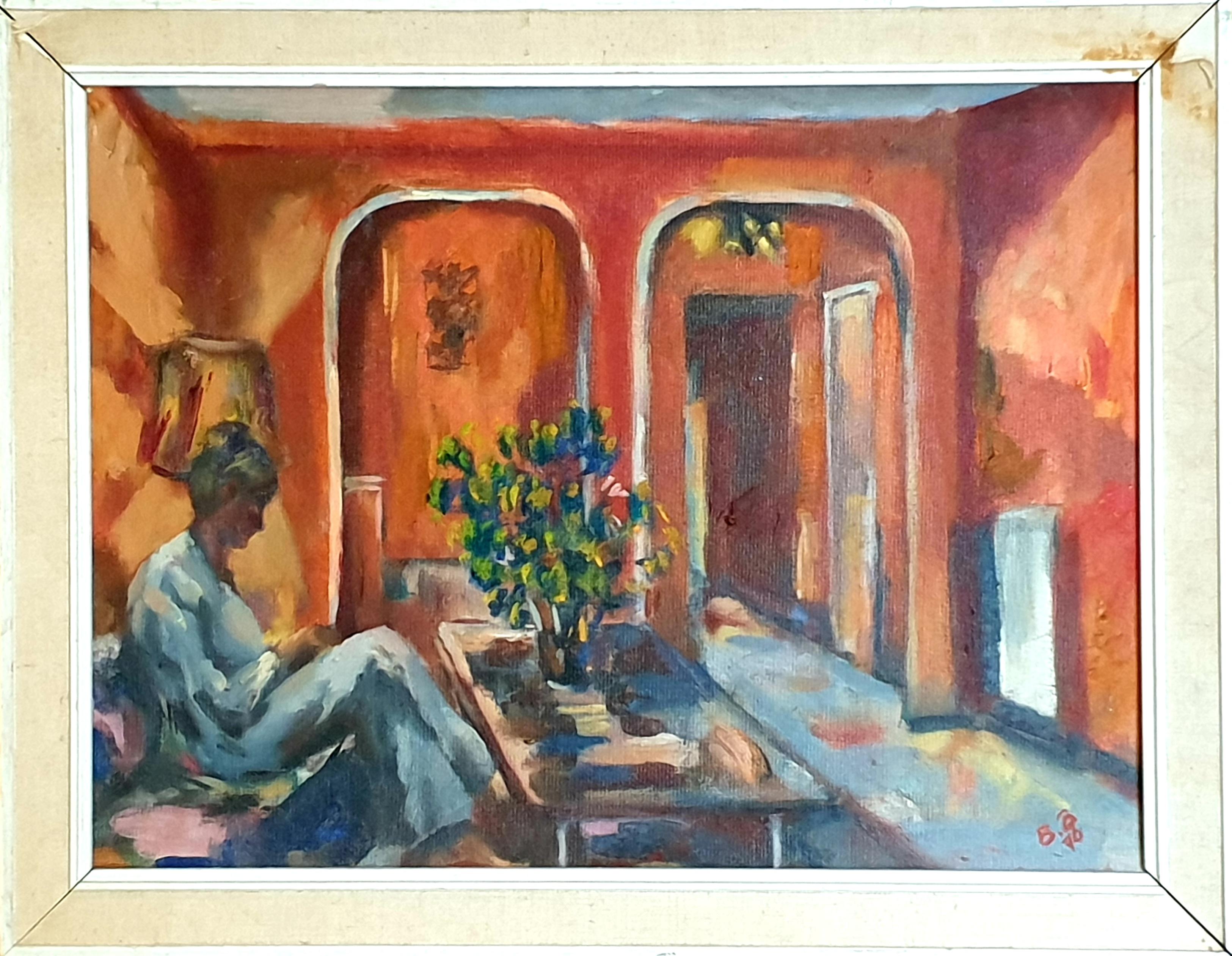 Scena d'interni di fine secolo, una villa a Cannes, nel sud della Francia. Olio, cartone - Painting di Bill Brown