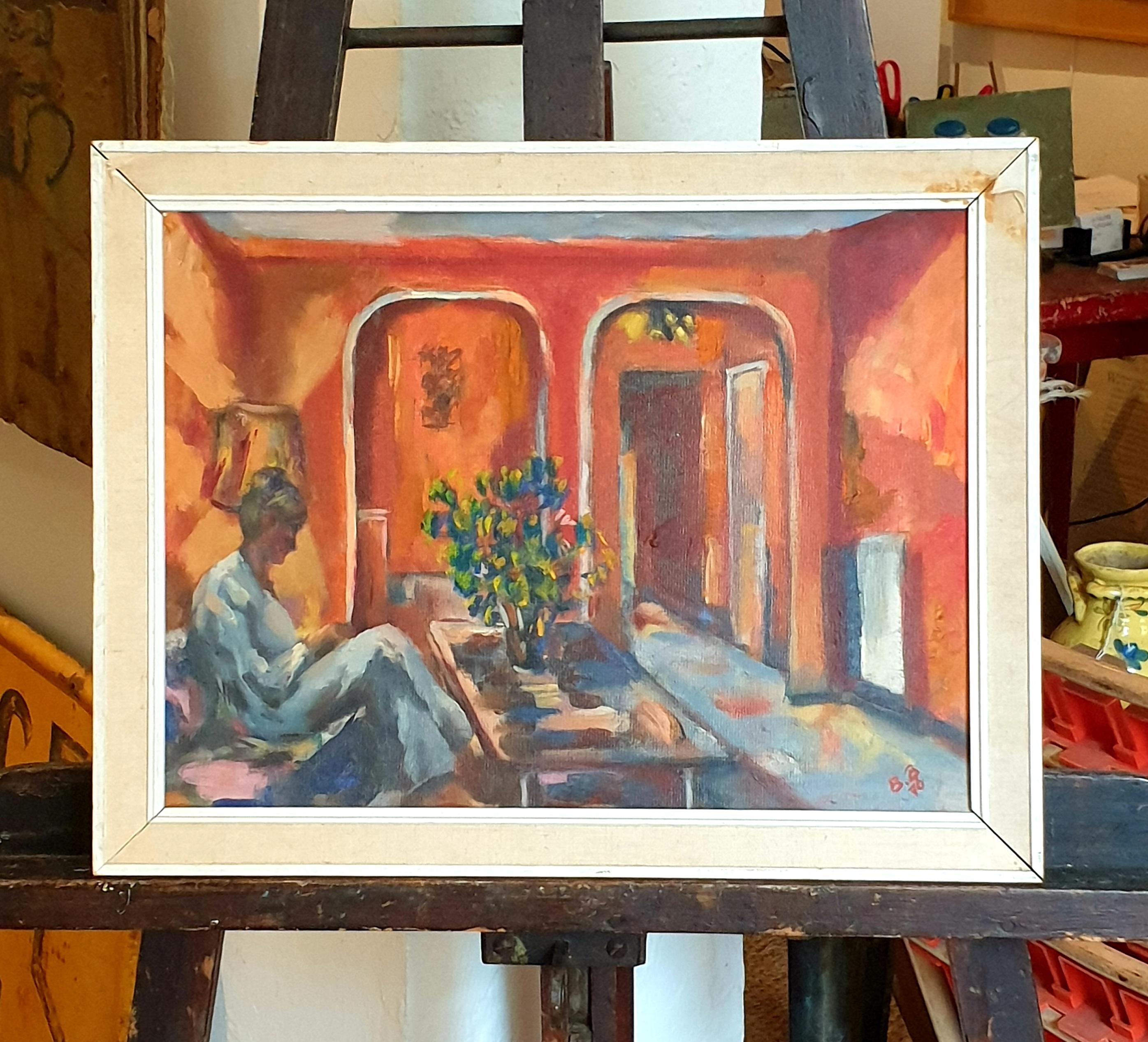 Late 20th century oil on board of an interior scene with seated female figure by Bill Brown. Initial signed and dated 76 bottom right and titled to the reverse ' Sarah at 