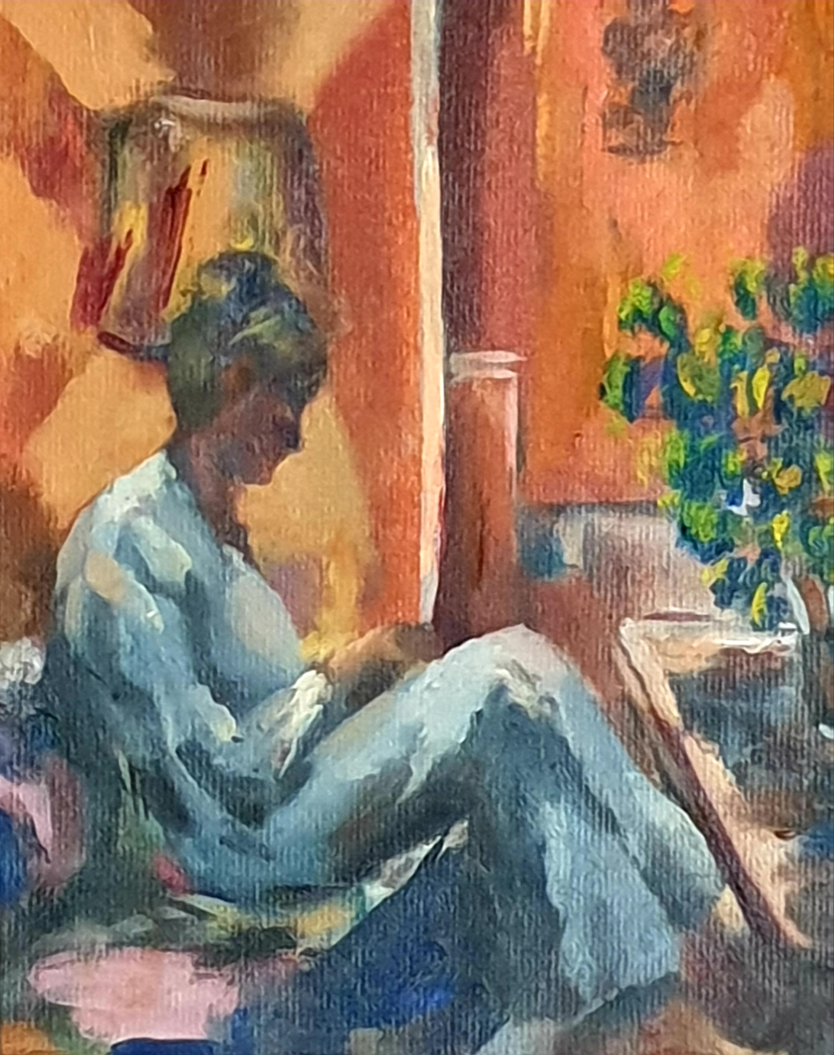 Olio su tavola della fine del XX secolo raffigurante una scena di interno con figura femminile seduta, opera di Bill Brown. Iniziale firmata e datata 76 in basso a destra e intitolata al retro 