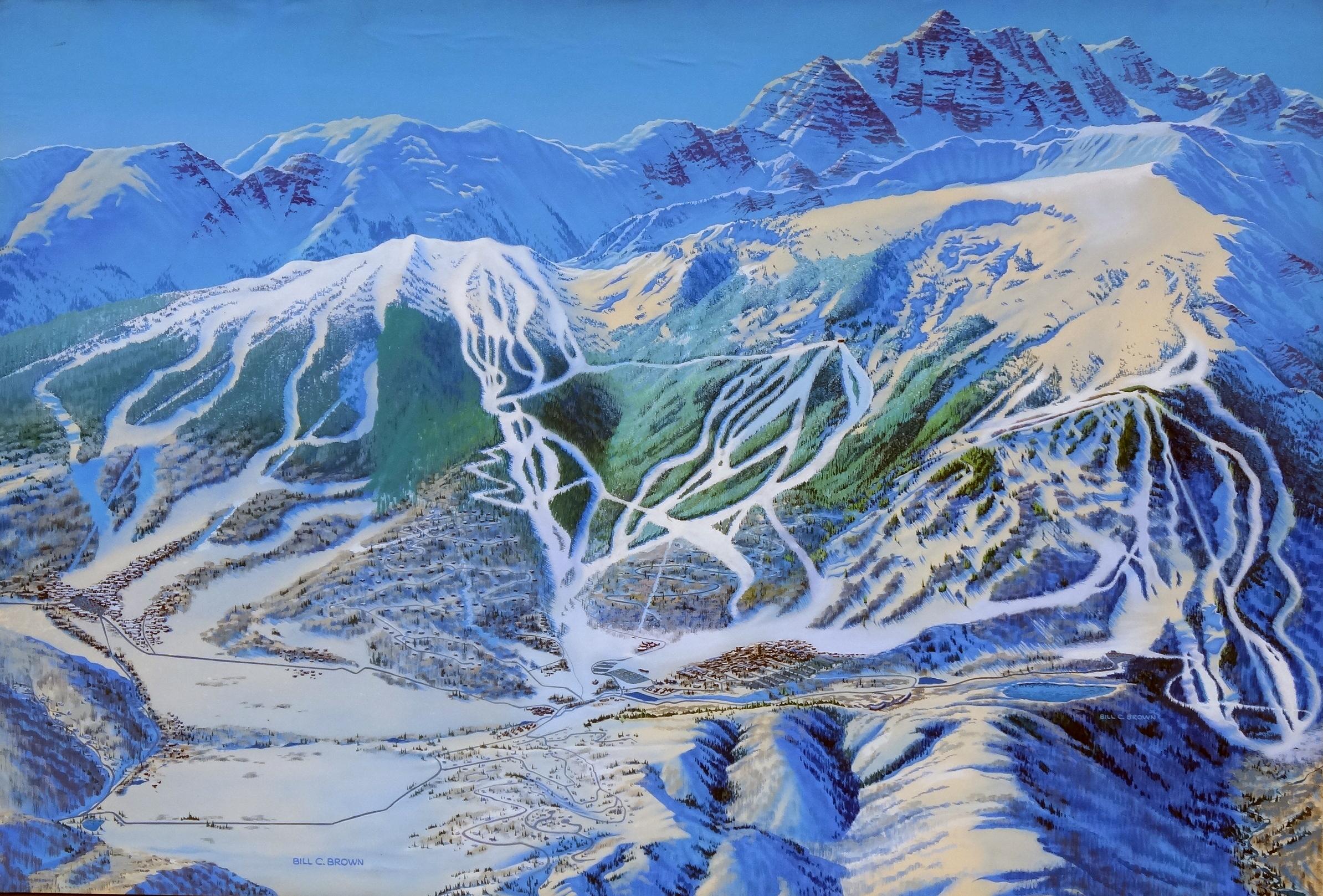 Bill C. Brown Landscape Painting – Trail Map, Gemälde eines Aspen-Schneewittchens