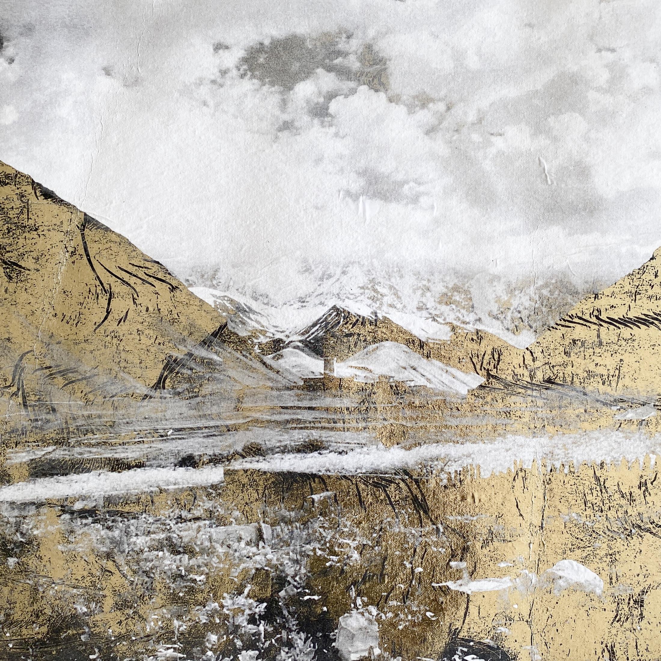 USHGULI WITH SHAKRA MOUNTAIN by artist Bill Claps is a white, gold, and brown contemporary landscape mixed media on canvas that measures 22 x 32

Visual artist and writer Bill Claps meditates every morning. “I find that the most important thing to