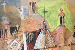 Colorful Abstract Impressionist Church Steeples Landscape Mixed Media Collage