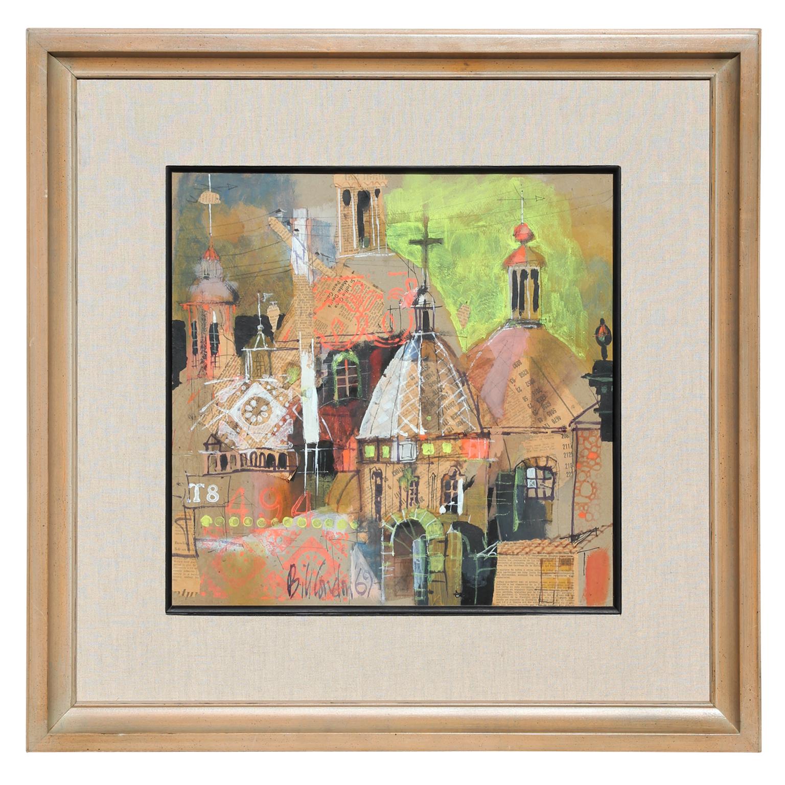 Colorful Abstract Impressionist Church Steeples Landscape Mixed Media Collage - Mixed Media Art by Bill Condon