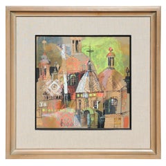 Colorful Abstract Impressionist Church Steeples Landscape Mixed Media Collage