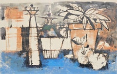 "Series of Objects on a Level Base" Abstract Impressionist Still Life Lithograph