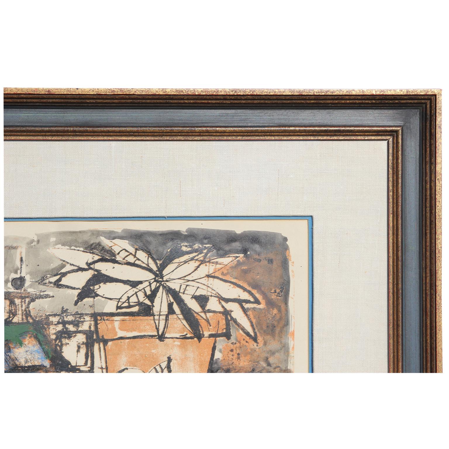 Blue and orange abstract impressionist still life lithograph of plants, fruit, and containers on a table. Signed, dated, and titled along lower edge of the piece in pencil by the artist. Hung in complimentary neutral frame with a cream matte.