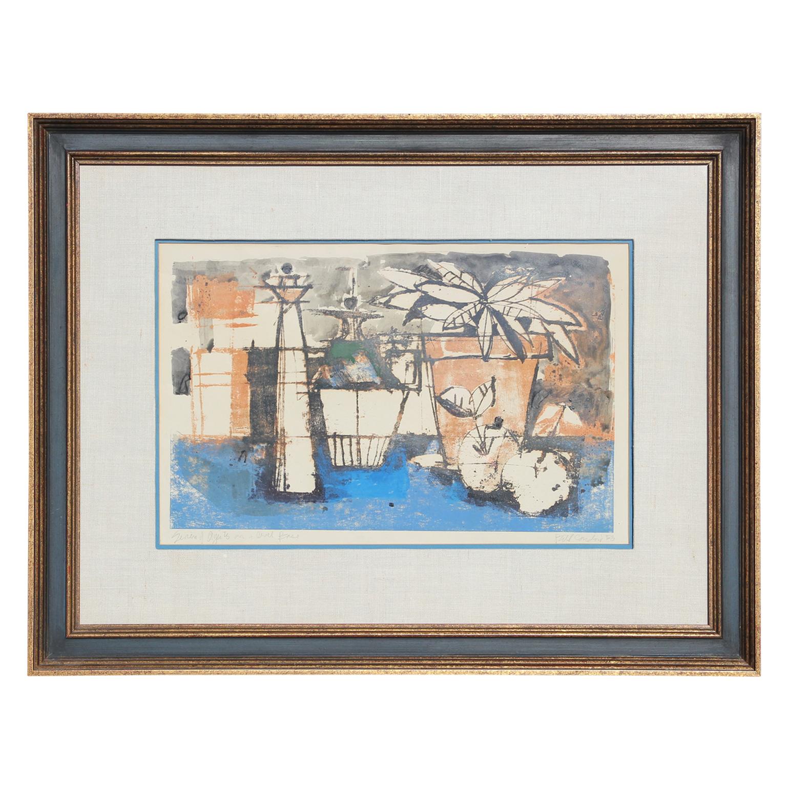 Bill Condon Still-Life Print - "Series of Objects on a Level Base" Abstract Impressionist Still Life Lithograph