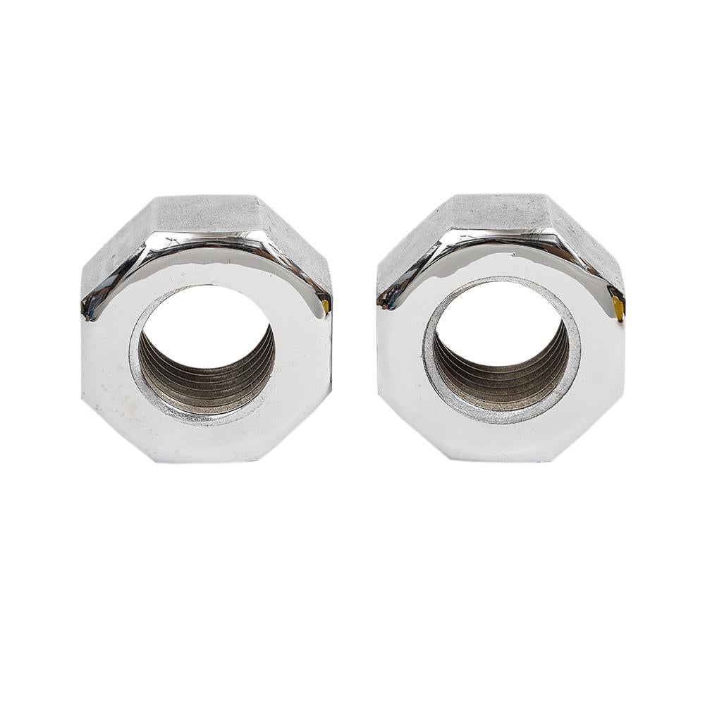 Bill Curry for Design Line Nut Bookends, Nickel Chrome, Cast Iron, Signed. Strong heavy 8 sided nut form bookends with real threads in nickeled chrome over iron. The polished nickel fronts and backs are contrasted with a smooth pebbled texture of
