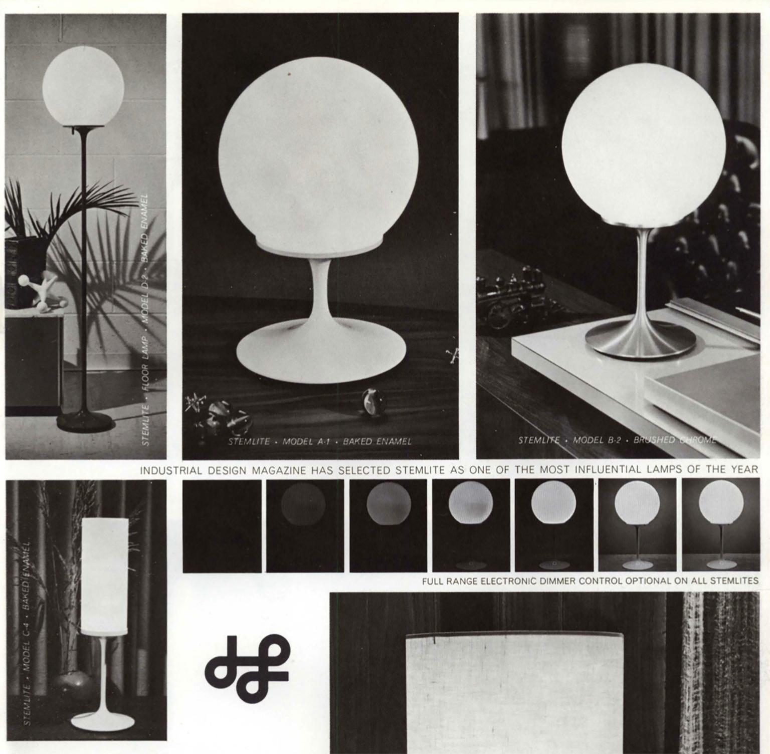 A tulip-based lamp by Bill Curry for his Company, Design Line. Designed and manufactured in El Segundo, CA in the 1960s. This model is the Stemlite A1 and includes the original glass shade and enameled metal base.

Bill Curry's work was selected