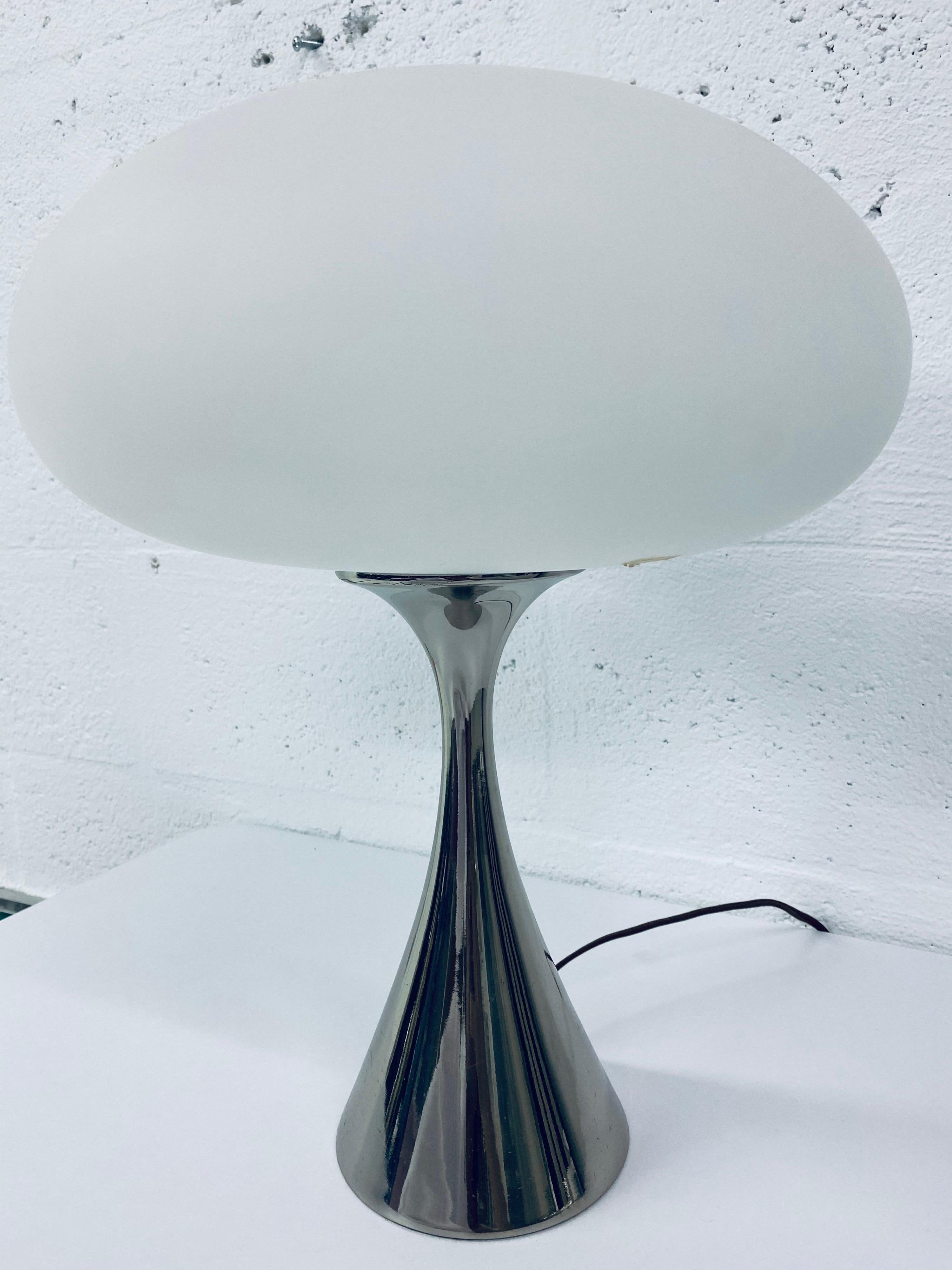 Mushroom lamp with polished chrome base and white satin glass shade designed by Bill Curry for Laurel.