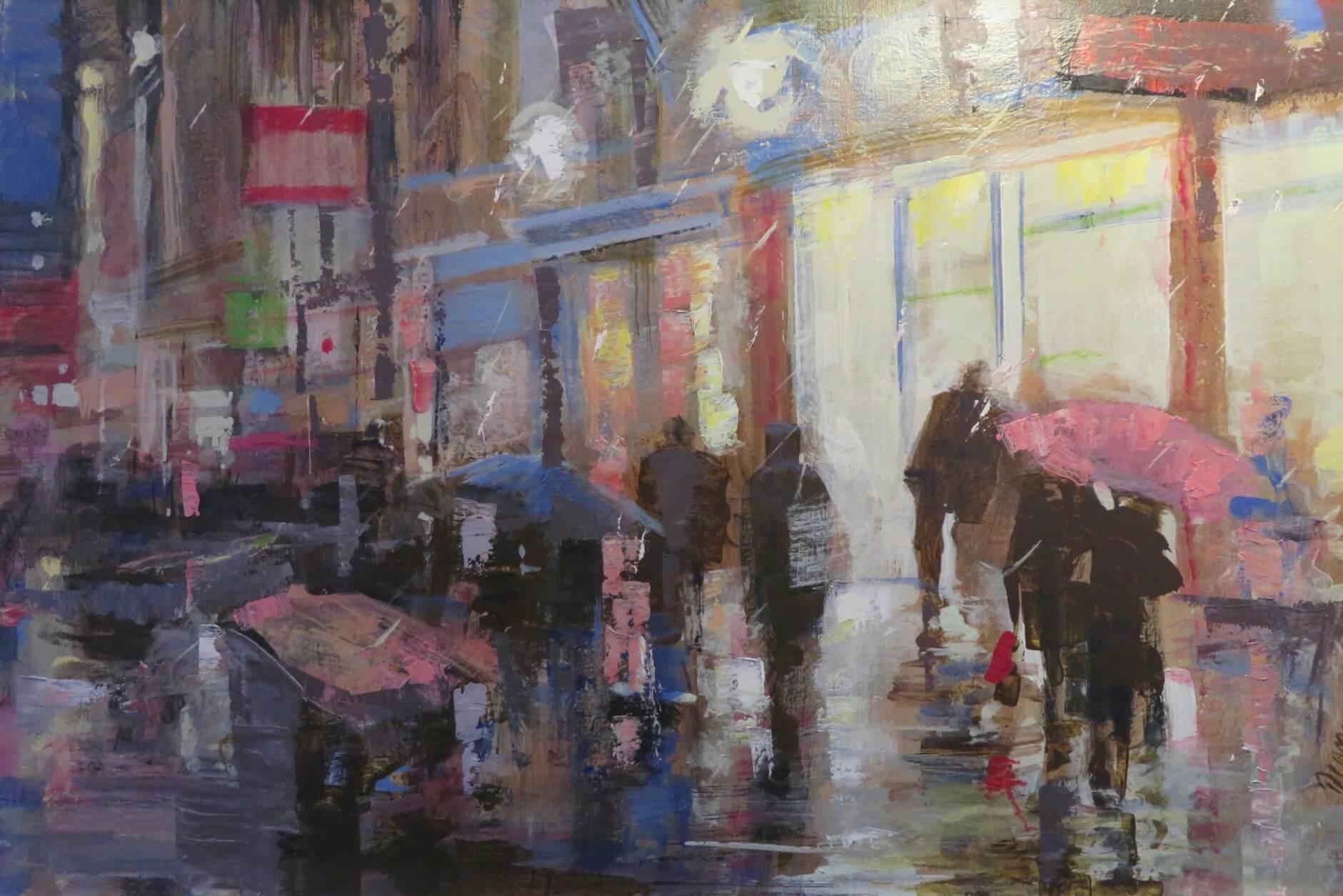 Original Post Impressionist signed Oil Painting BUSY LONDON STREET SCENE c. 2000 - Gray Landscape Painting by Bill Dean 