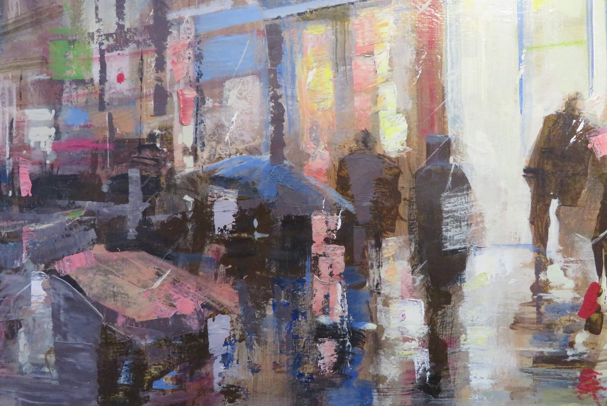 Original Post Impressionist signed Oil Painting BUSY LONDON STREET SCENE c. 2000 For Sale 1