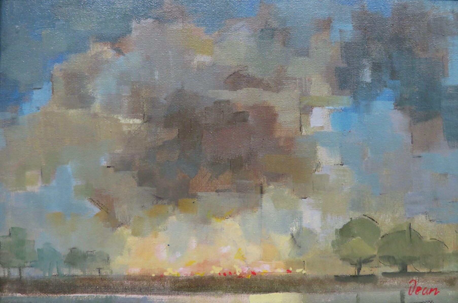 BILL DEAN ROI 1932 English IMPRESSIONIST landscape oil painting STUBBLE BURNING - Post-Impressionist Painting by Bill Dean