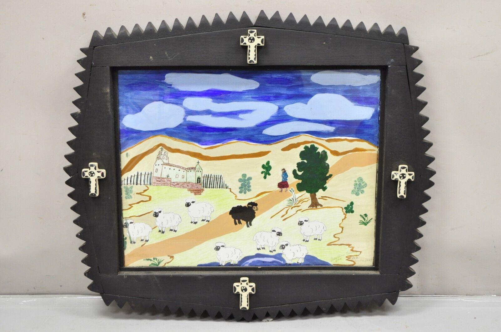 Vintage Geraldine Nelson “Old Southwest” Painting Carved Wood Frame with Crosses. Item features a very nice thick carved wood frame with crosses, believed to be acrylic paint on board, scene includes a church, black sheep, white sheep, lady waking
