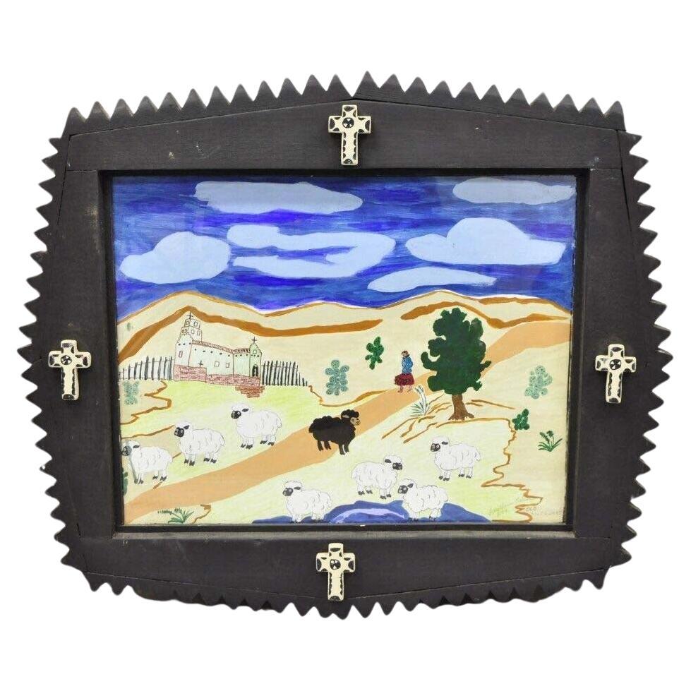 Bill & Geraldine Nelson “Old Southwest” Black Sheep Painting Carved Wood Frame For Sale