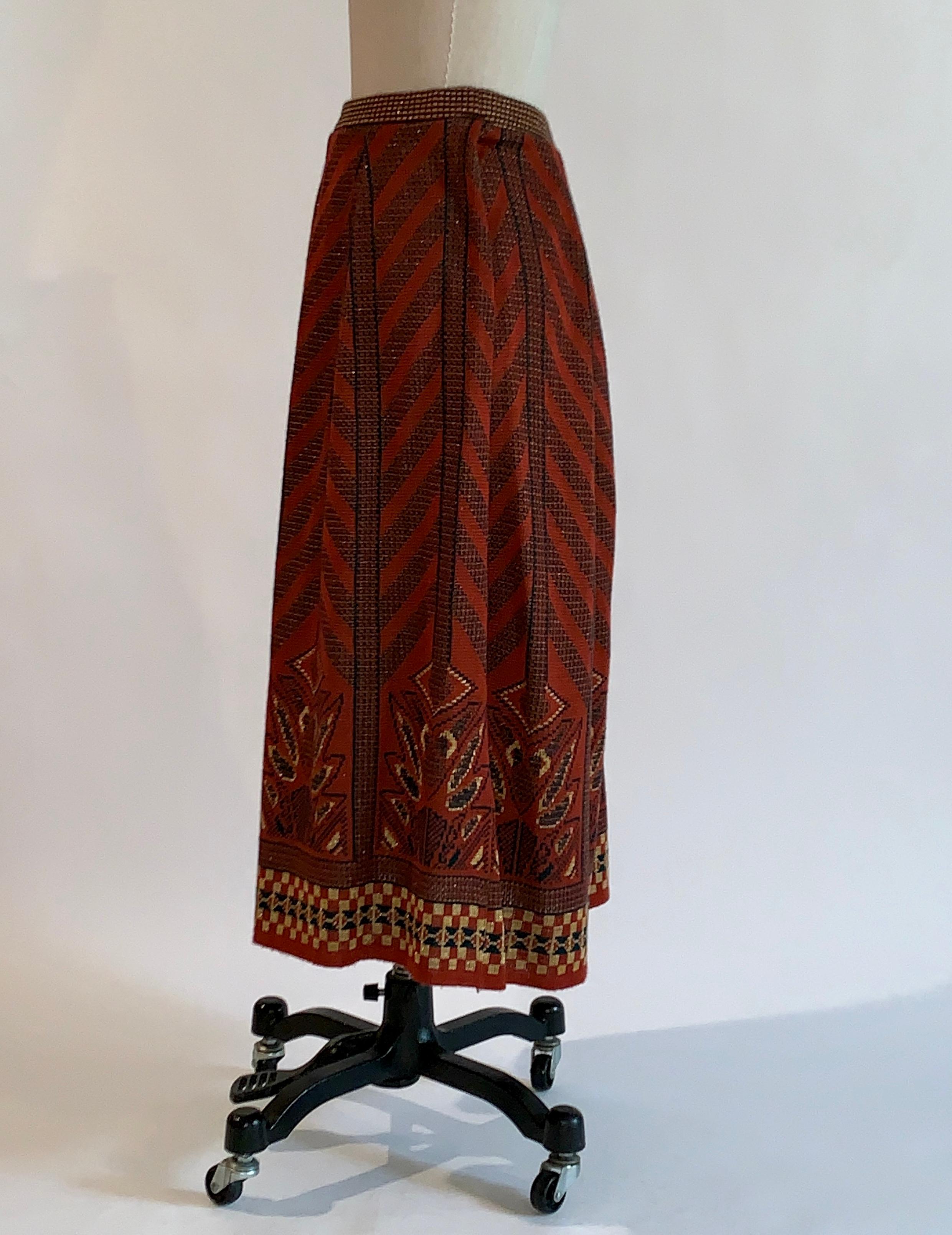 Bill Gibb 1970s Red Black and Gold Knit Midi Skirt In Excellent Condition In San Francisco, CA