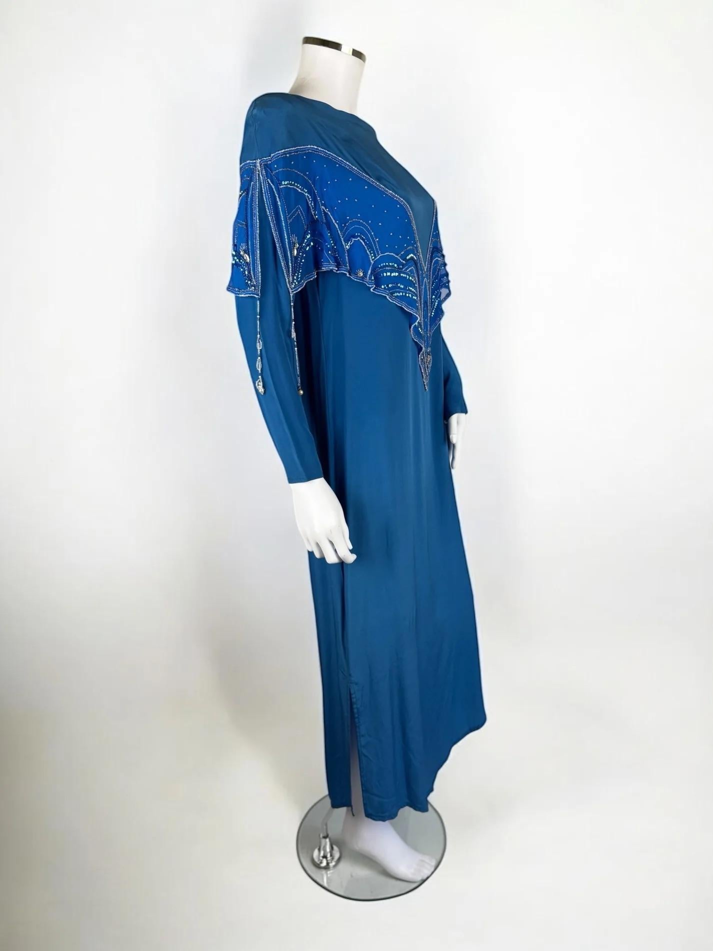 Bill Gibb Blue Silk Beaded Dress, c. Early 1980s For Sale 6