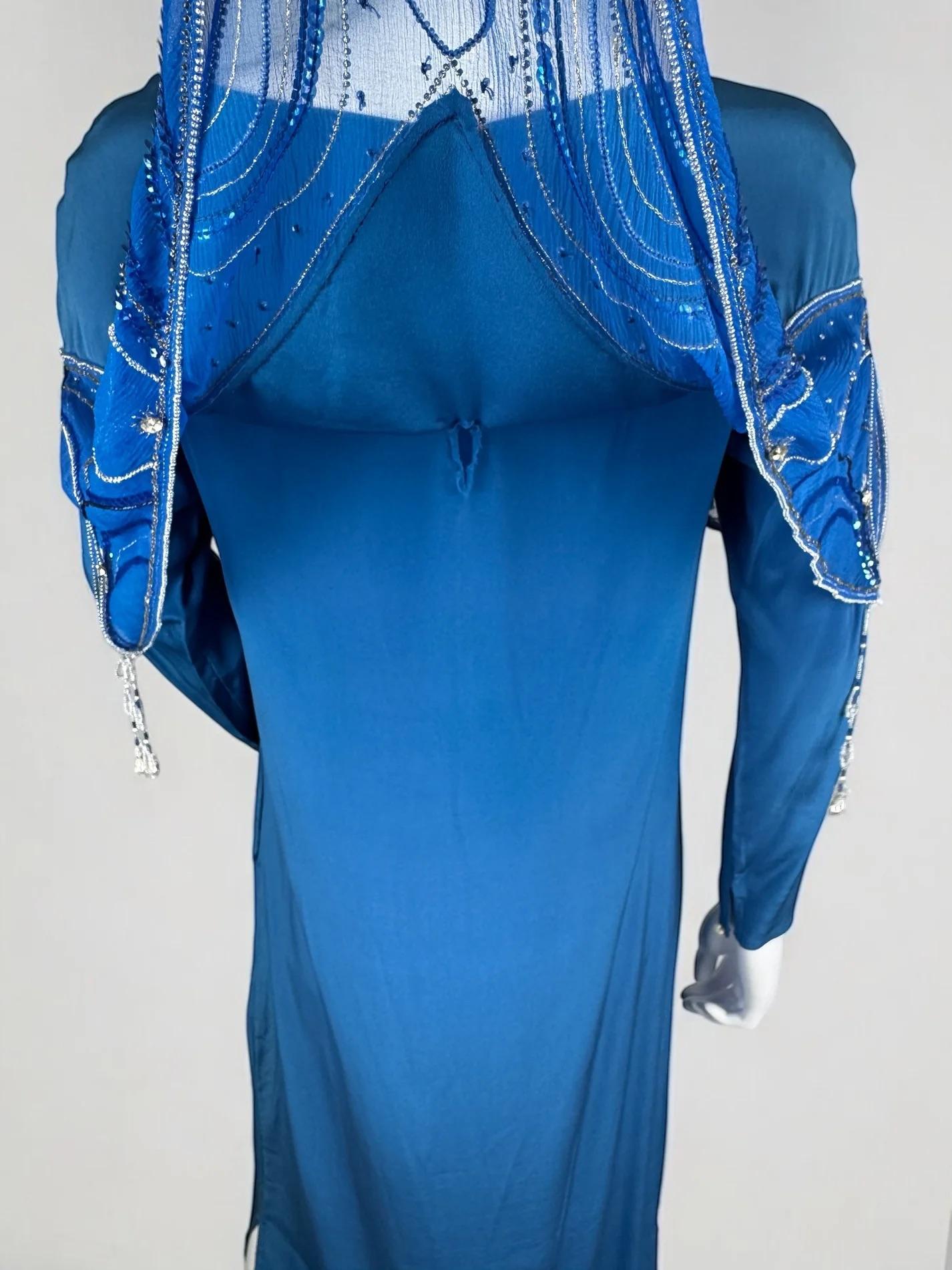 Bill Gibb Blue Silk Beaded Dress, c. Early 1980s For Sale 9