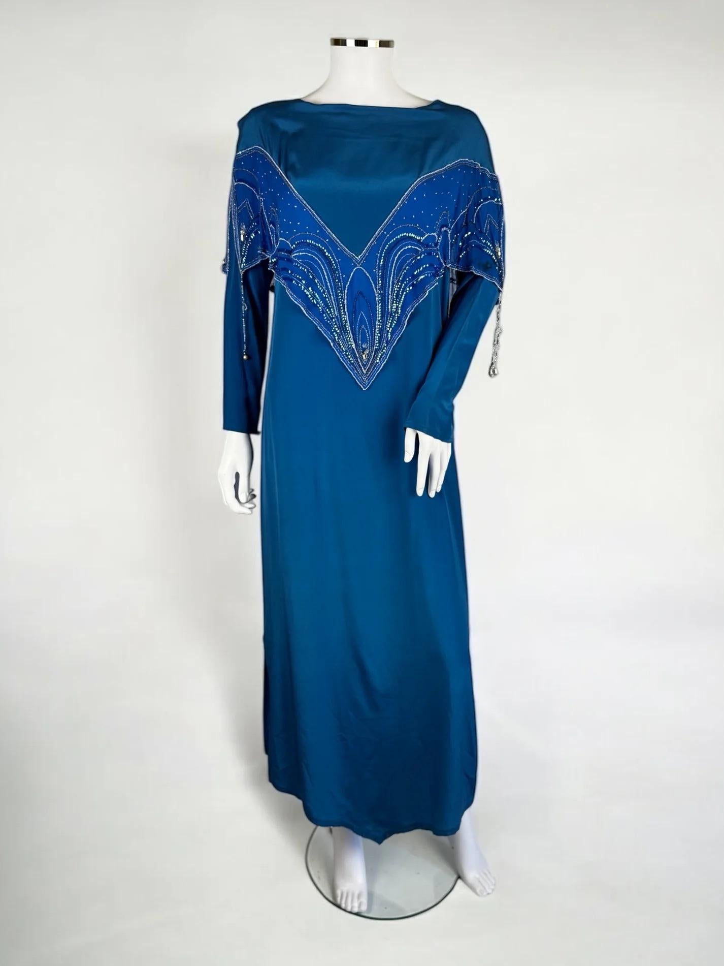 Women's Bill Gibb Blue Silk Beaded Dress, c. Early 1980s For Sale