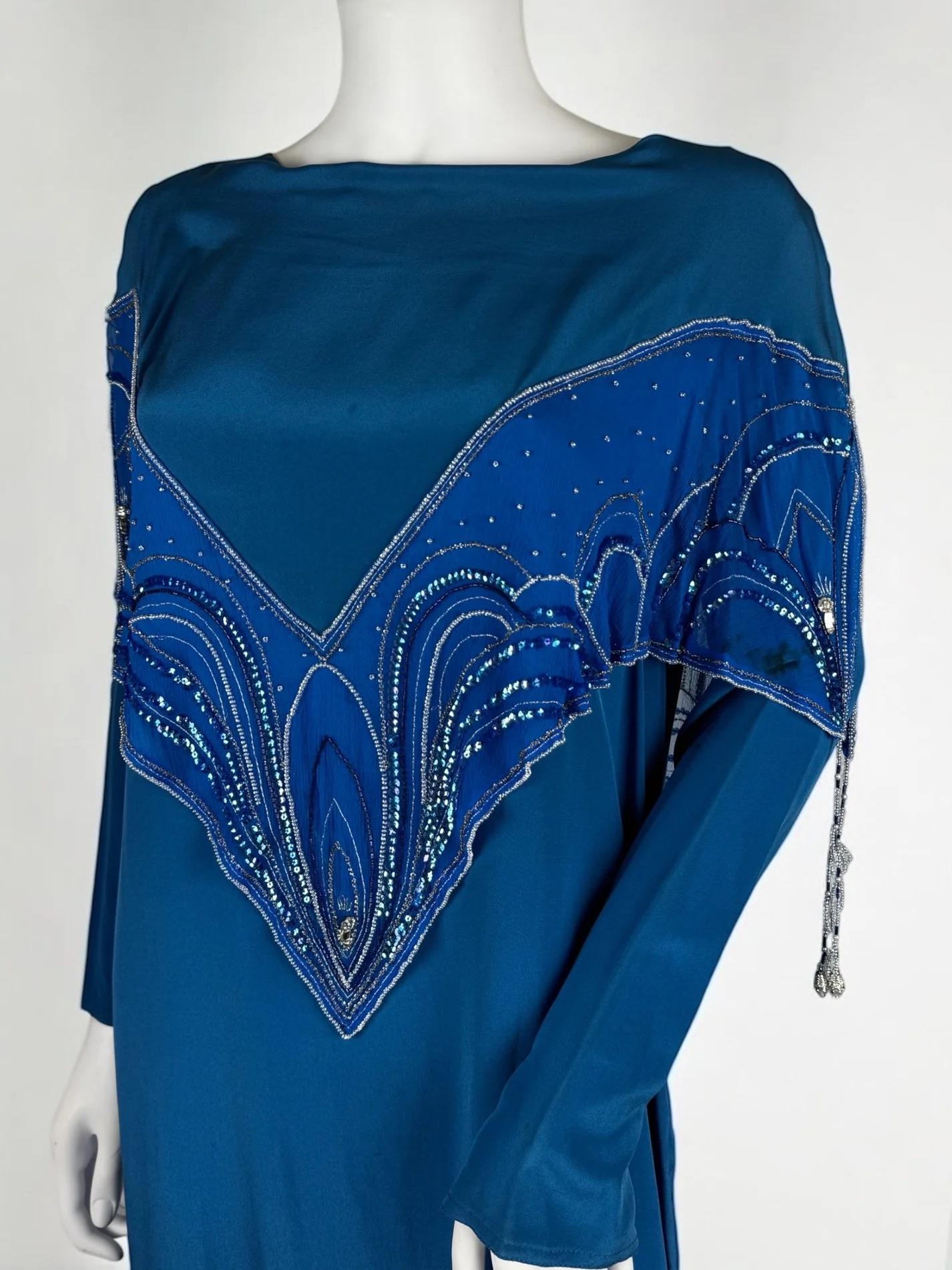 Bill Gibb Blue Silk Beaded Dress, c. Early 1980s For Sale 1