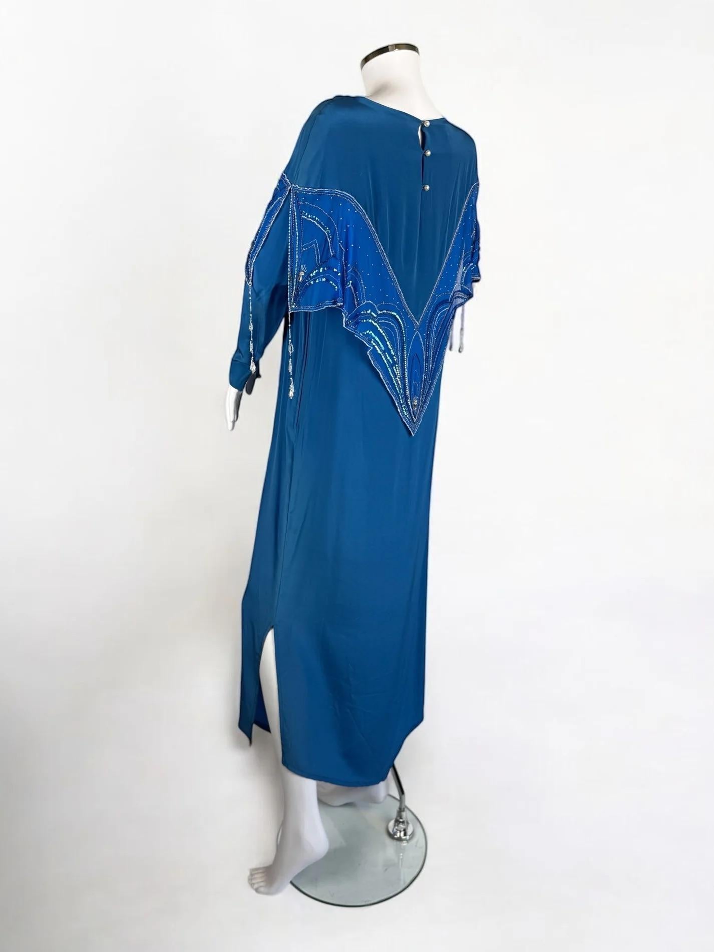 Bill Gibb Blue Silk Beaded Dress, c. Early 1980s For Sale 2