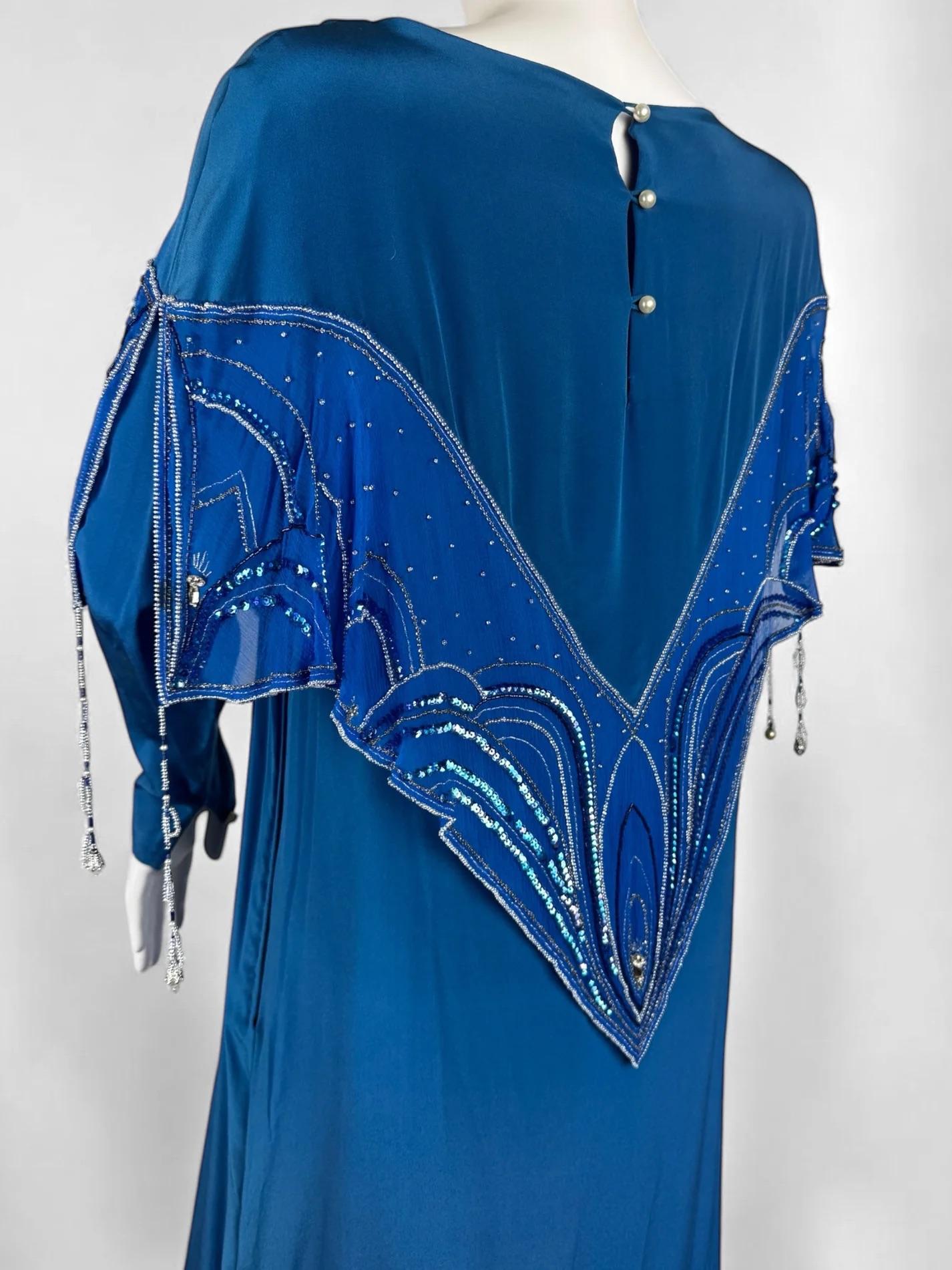 Bill Gibb Blue Silk Beaded Dress, c. Early 1980s For Sale 3