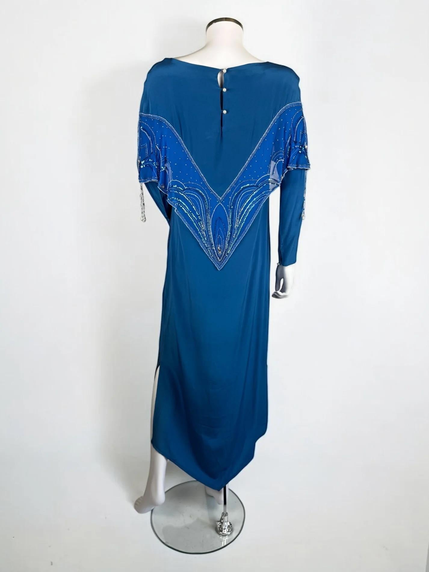 Bill Gibb Blue Silk Beaded Dress, c. Early 1980s For Sale 4