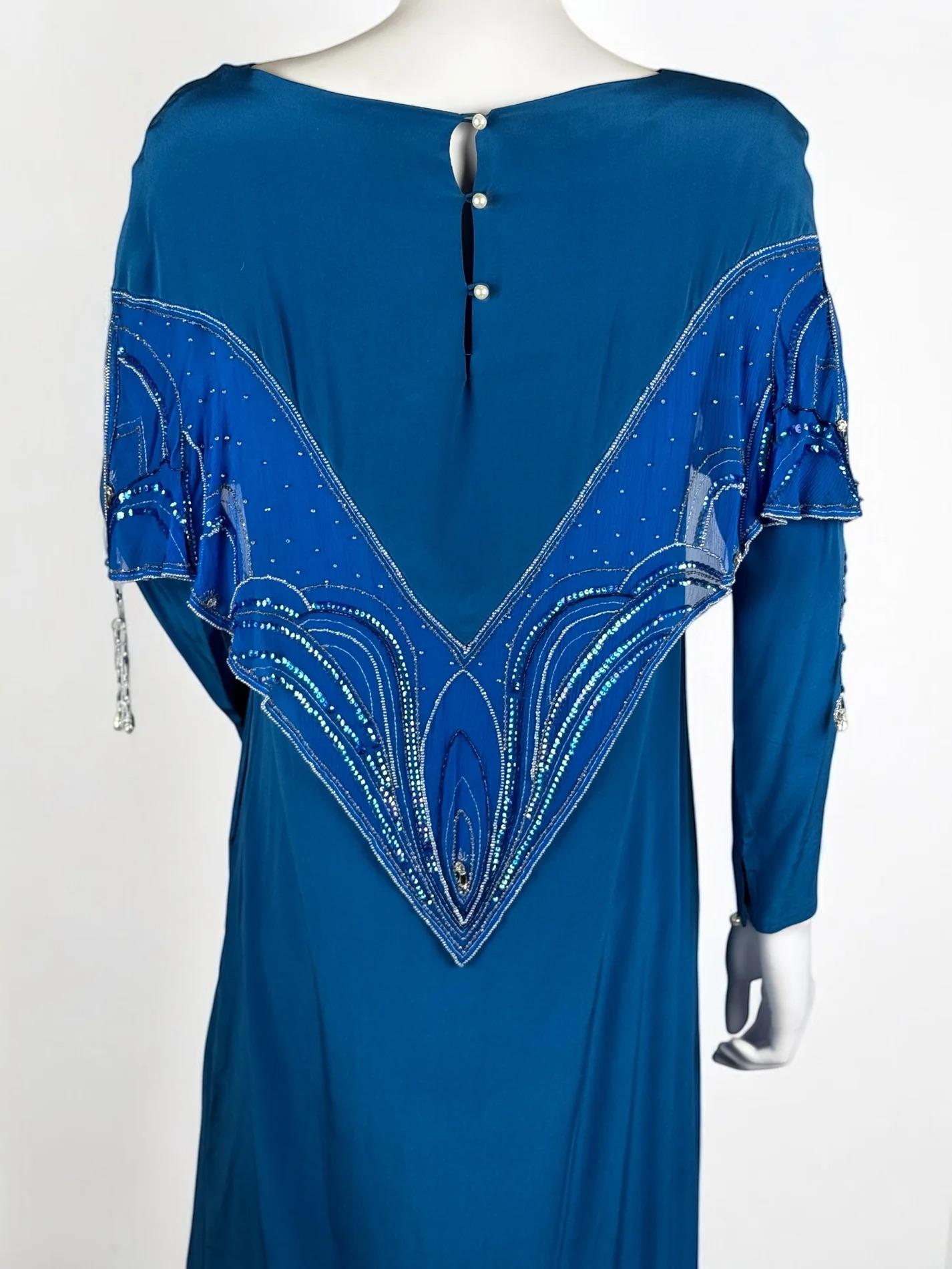 Bill Gibb Blue Silk Beaded Dress, c. Early 1980s For Sale 5