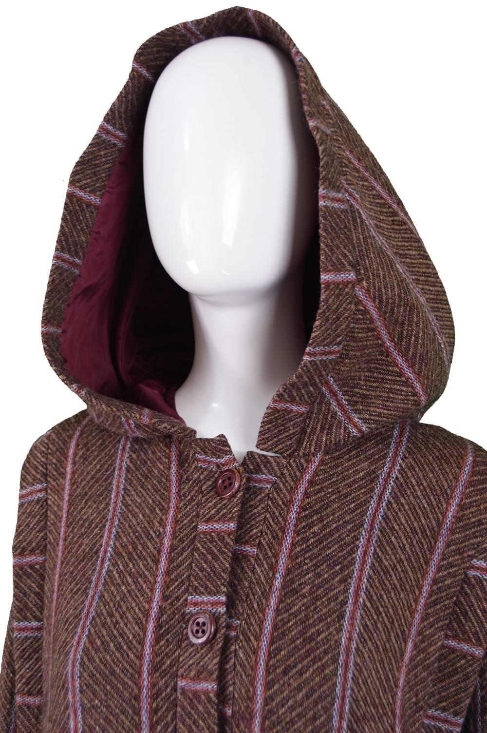 Black Bill Gibb Dramatic Brown Wool Striped Vintage Coat with Oversized Hood, 1970s For Sale