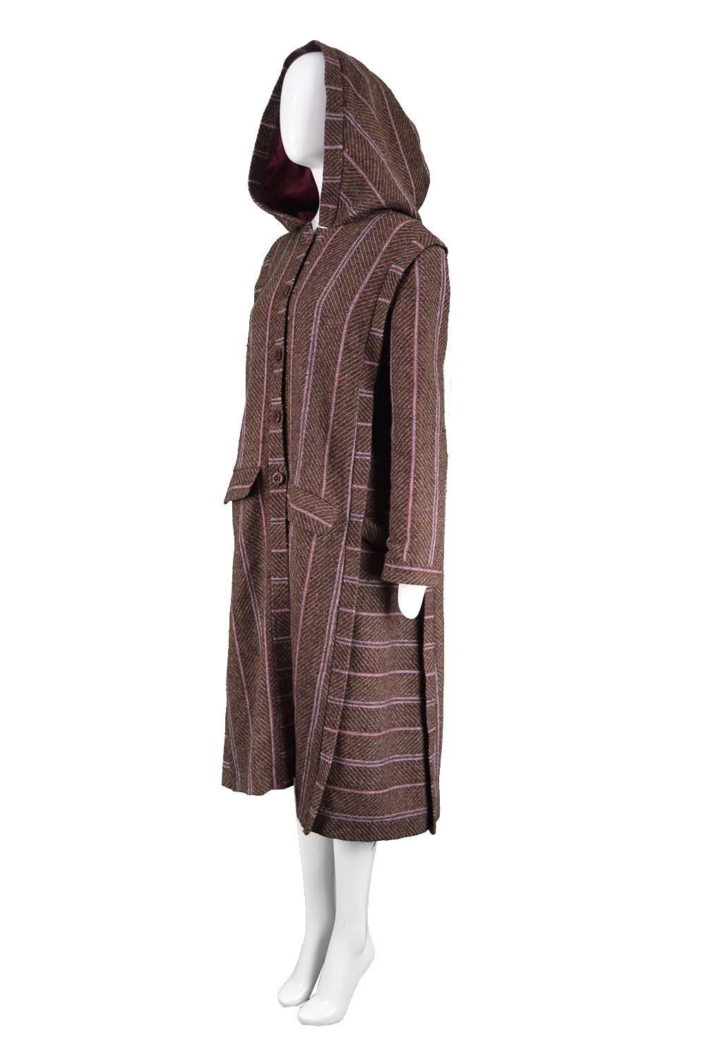 Women's Bill Gibb Dramatic Brown Wool Striped Vintage Coat with Oversized Hood, 1970s For Sale