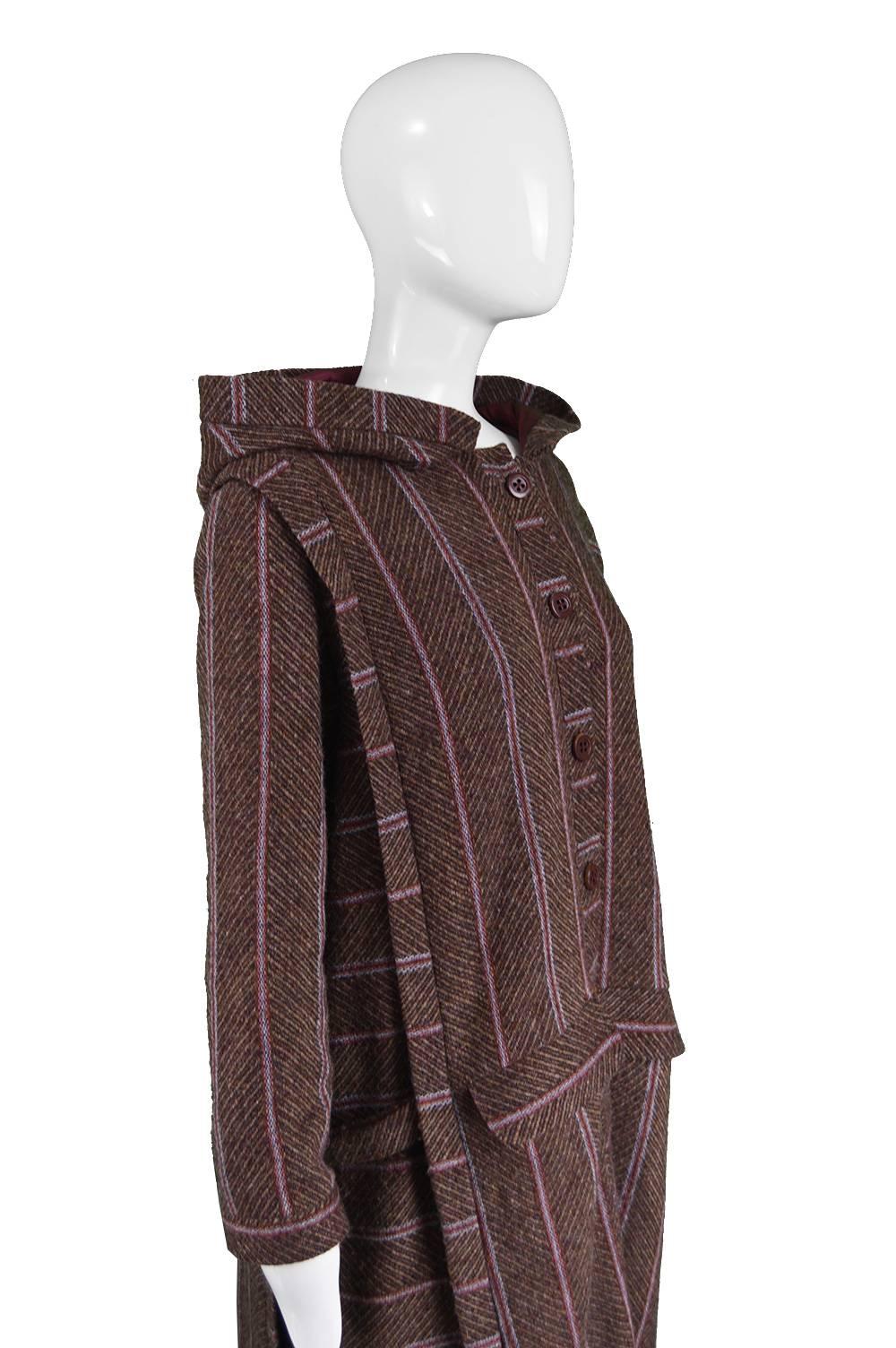 Bill Gibb Dramatic Brown Wool Striped Vintage Coat with Oversized Hood, 1970s 1